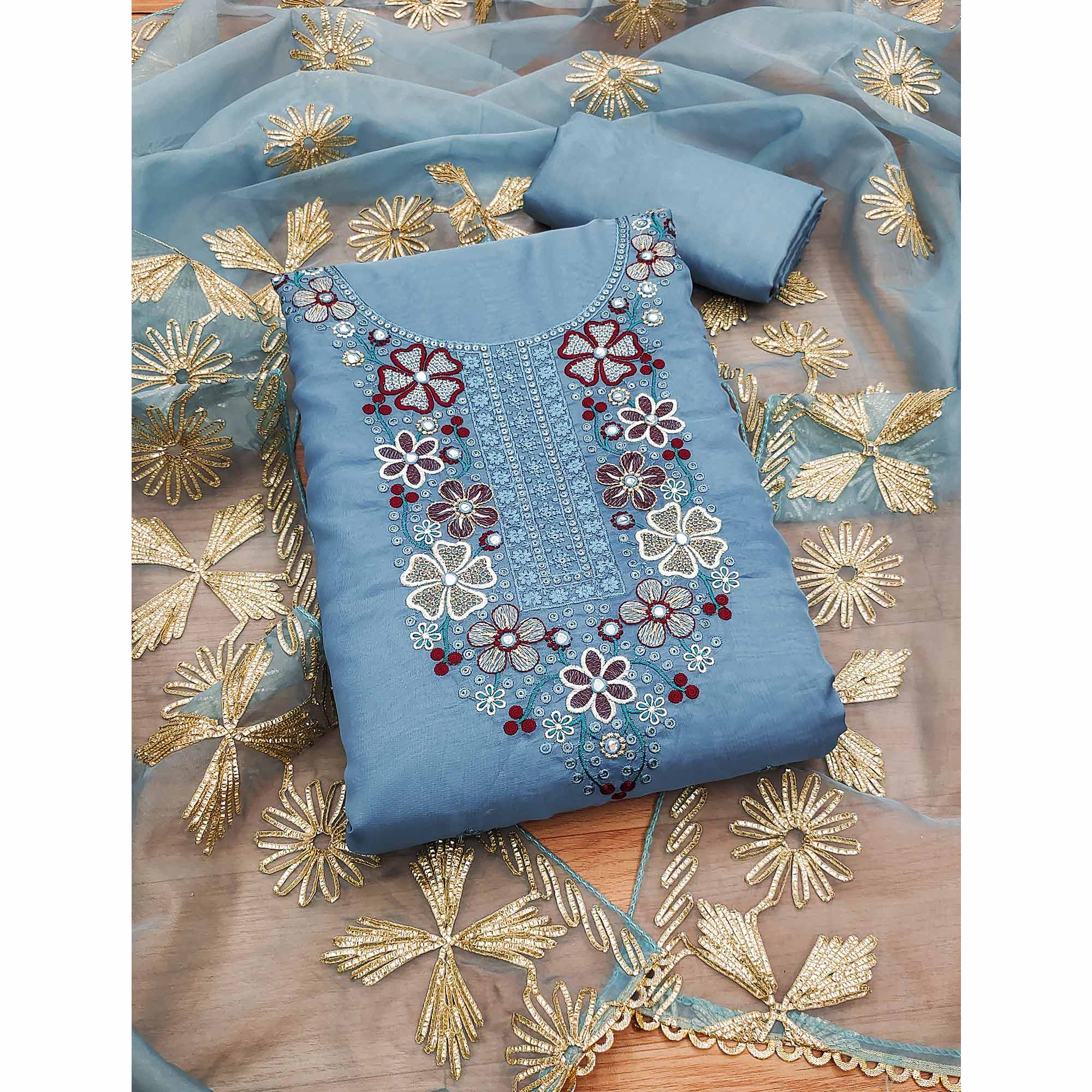 Blue Floral Embroidered Soft Organza Dress Material - Image 3