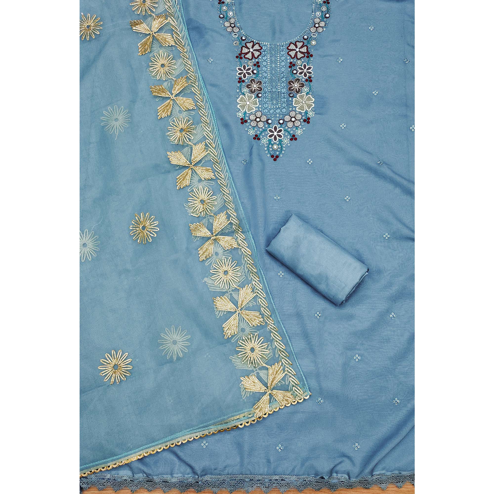 Blue Floral Embroidered Soft Organza Dress Material - Image 4