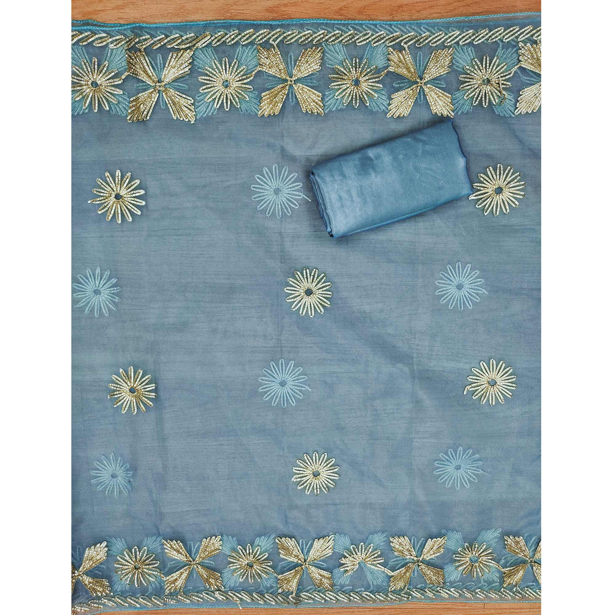 Blue Floral Embroidered Soft Organza Dress Material - Image 5