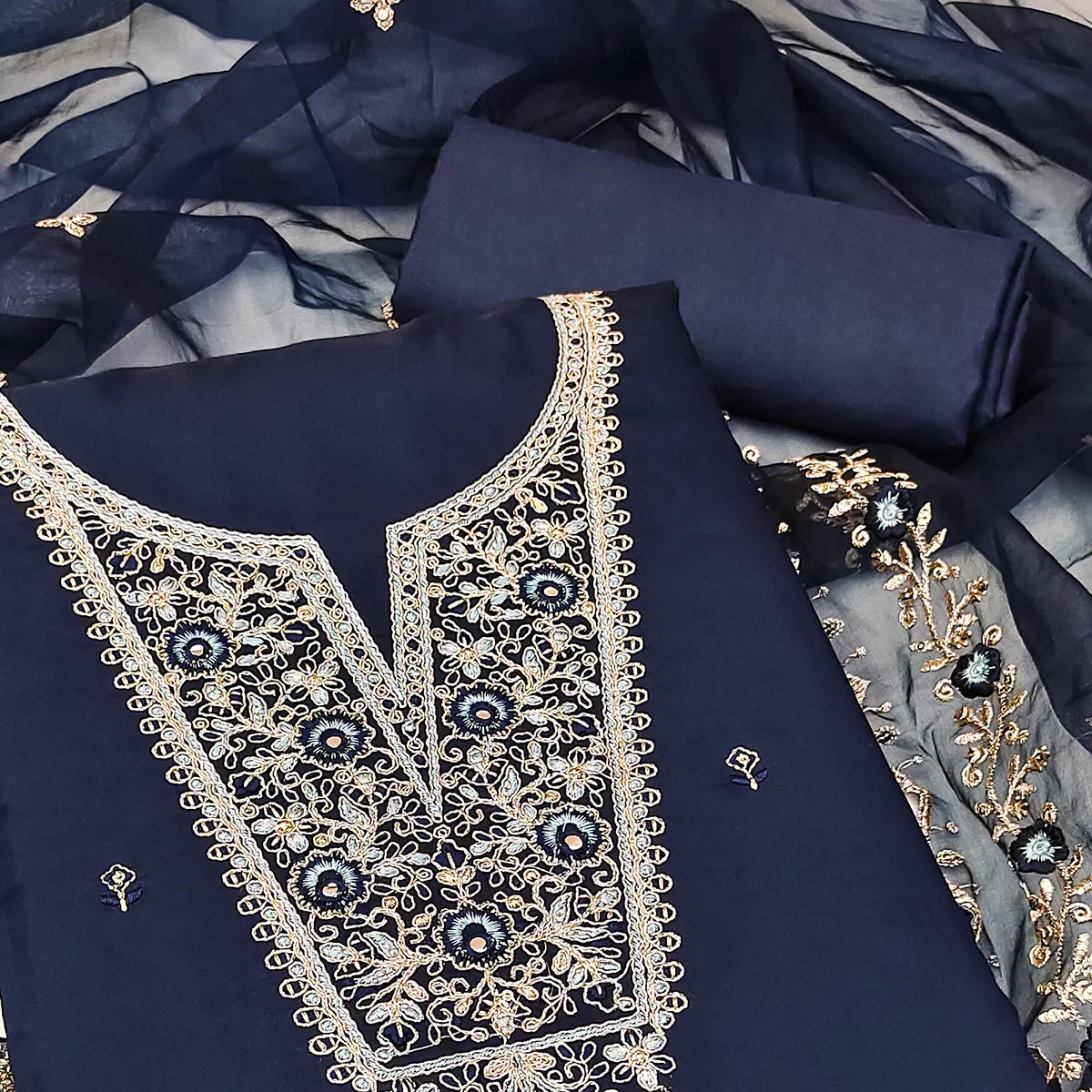 Blue Floral Embroidered Viscose Dress Material - Image 2