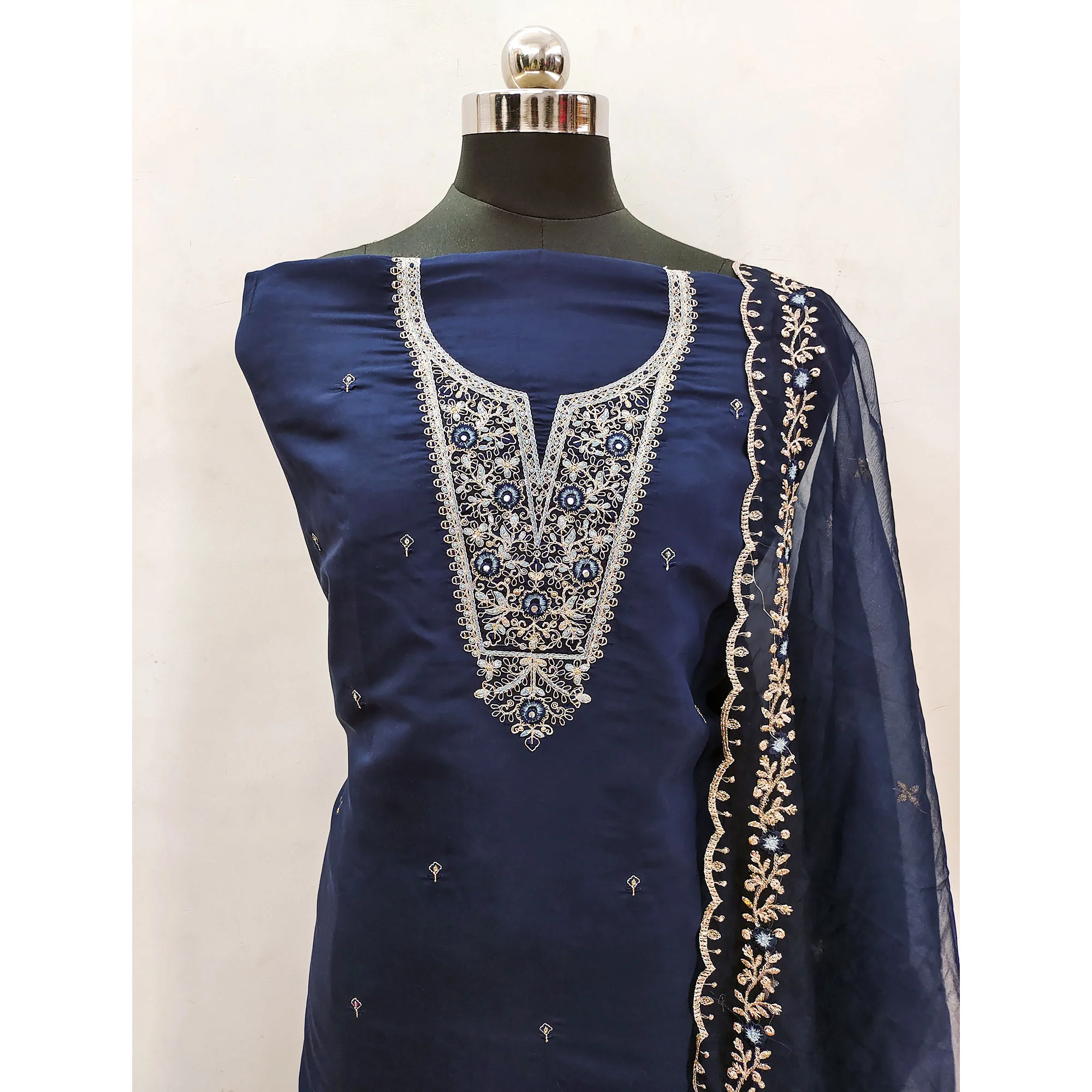 Blue Floral Embroidered Viscose Dress Material - Image 4