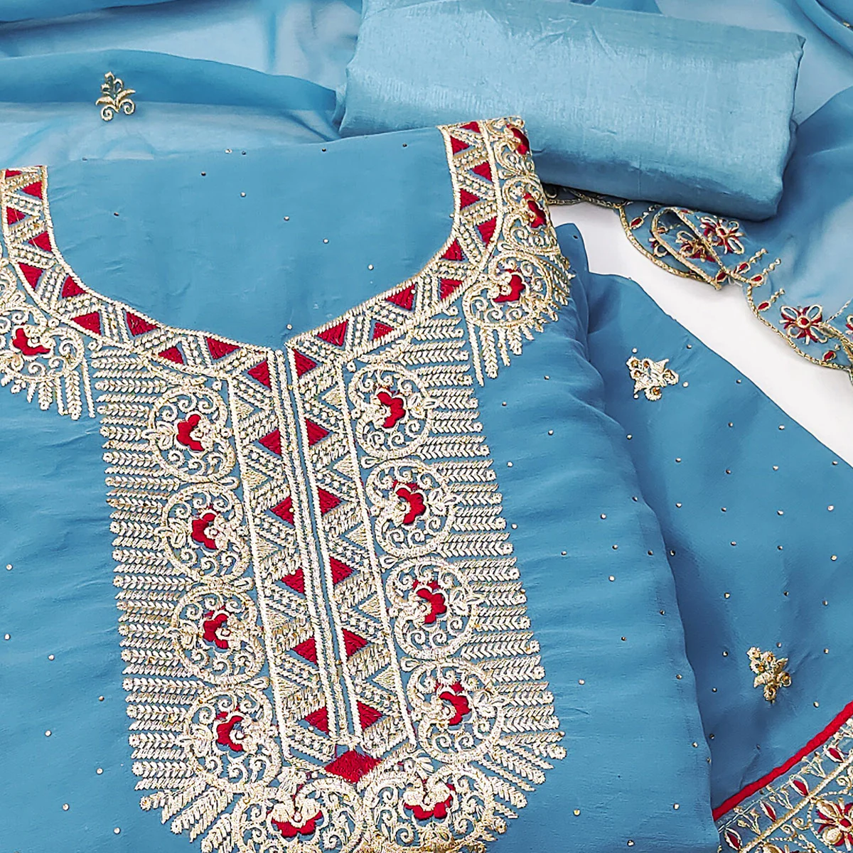 Blue Floral Embroidered With Stonework Georgette Dress Material - Image 2