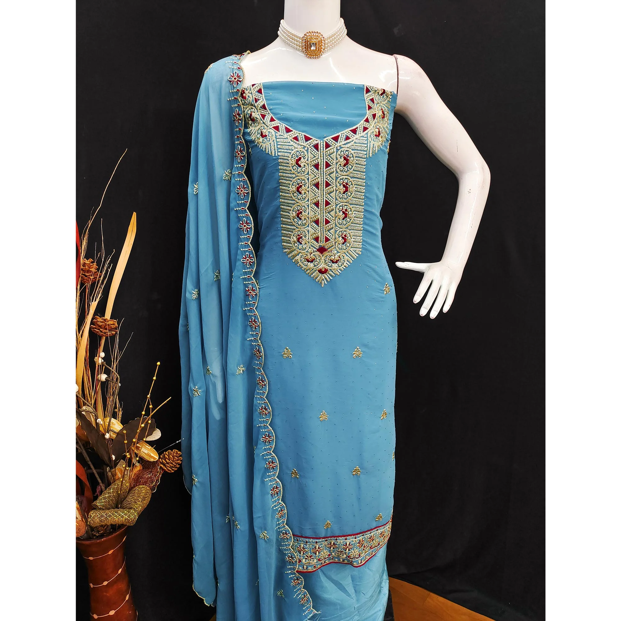 Blue Floral Embroidered With Stonework Georgette Dress Material - Image 5