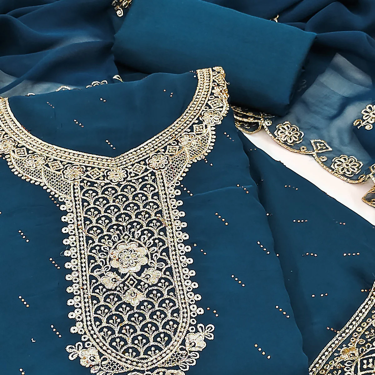 Blue Floral Embroidered With Swarovski Work Georgette Dress Material - Image 2