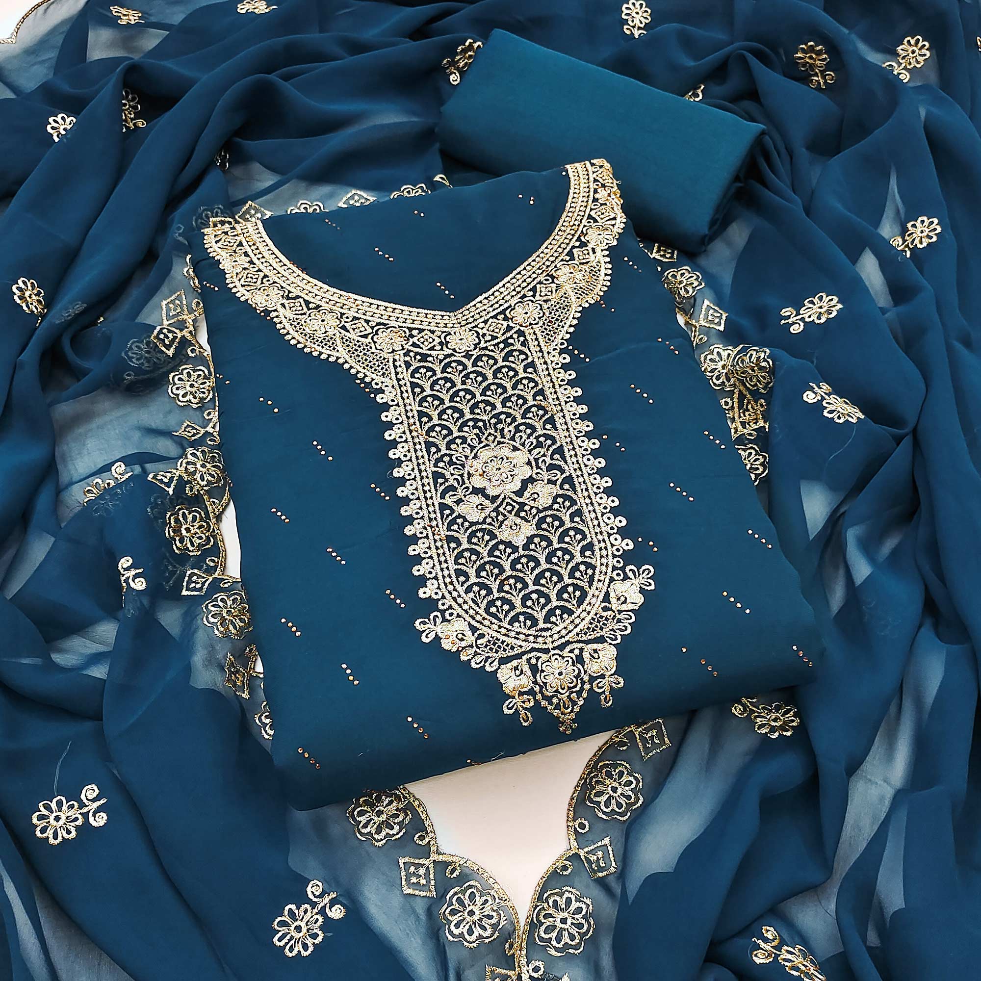 Blue Floral Embroidered With Swarovski Work Georgette Dress Material - Image 3