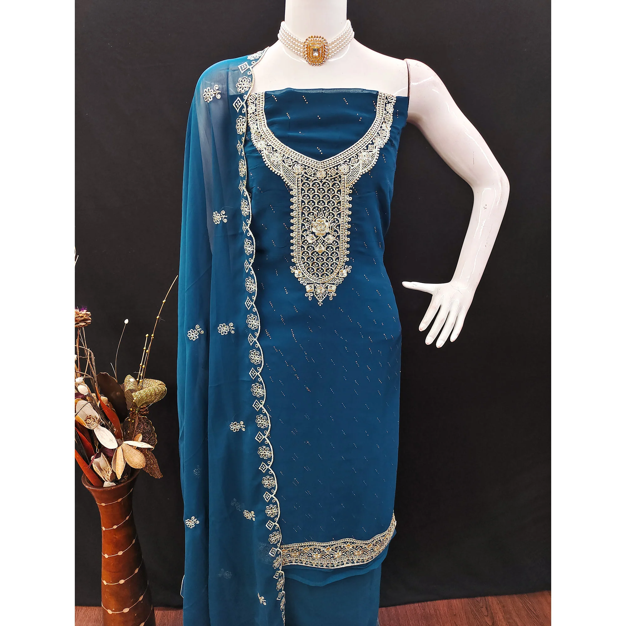 Blue Floral Embroidered With Swarovski Work Georgette Dress Material - Image 5