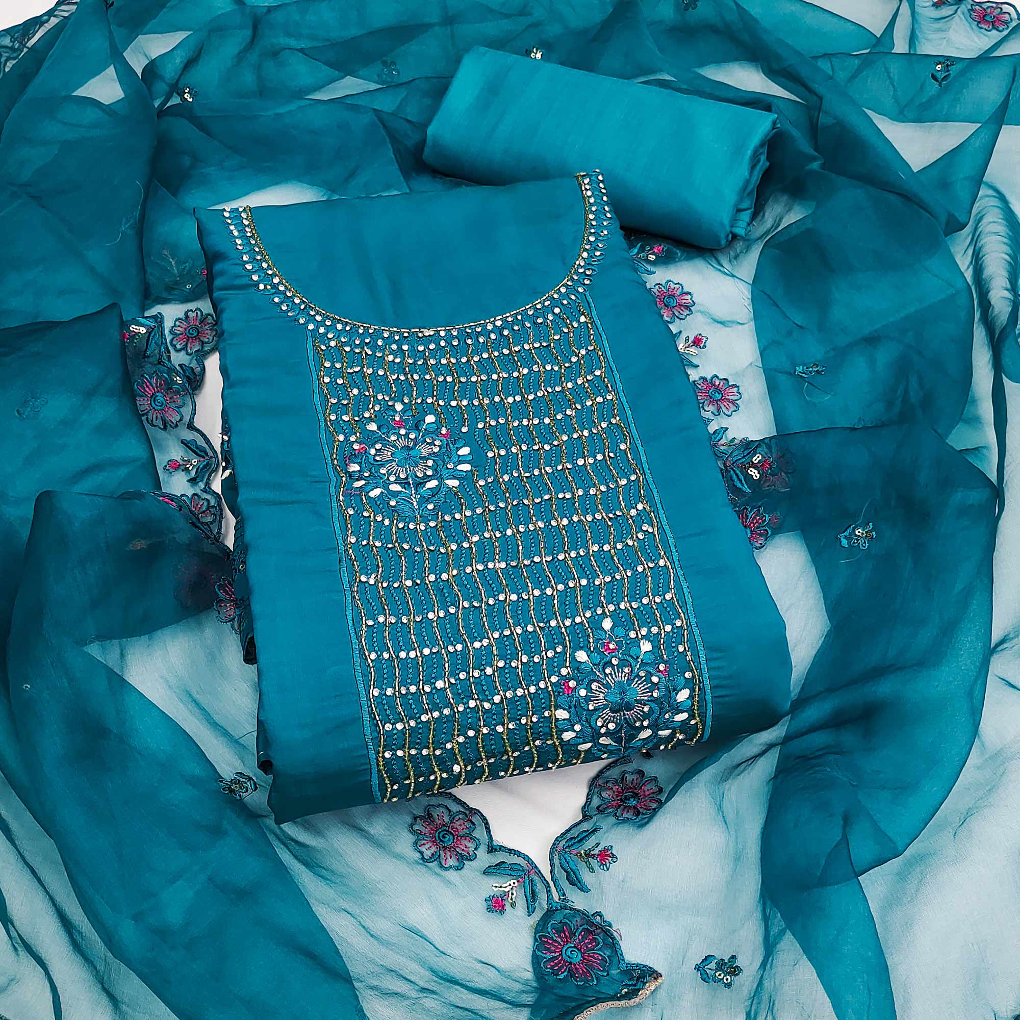 Blue Floral Embroidery With Handwork Roman Cotton Silk Material Material - Image 3