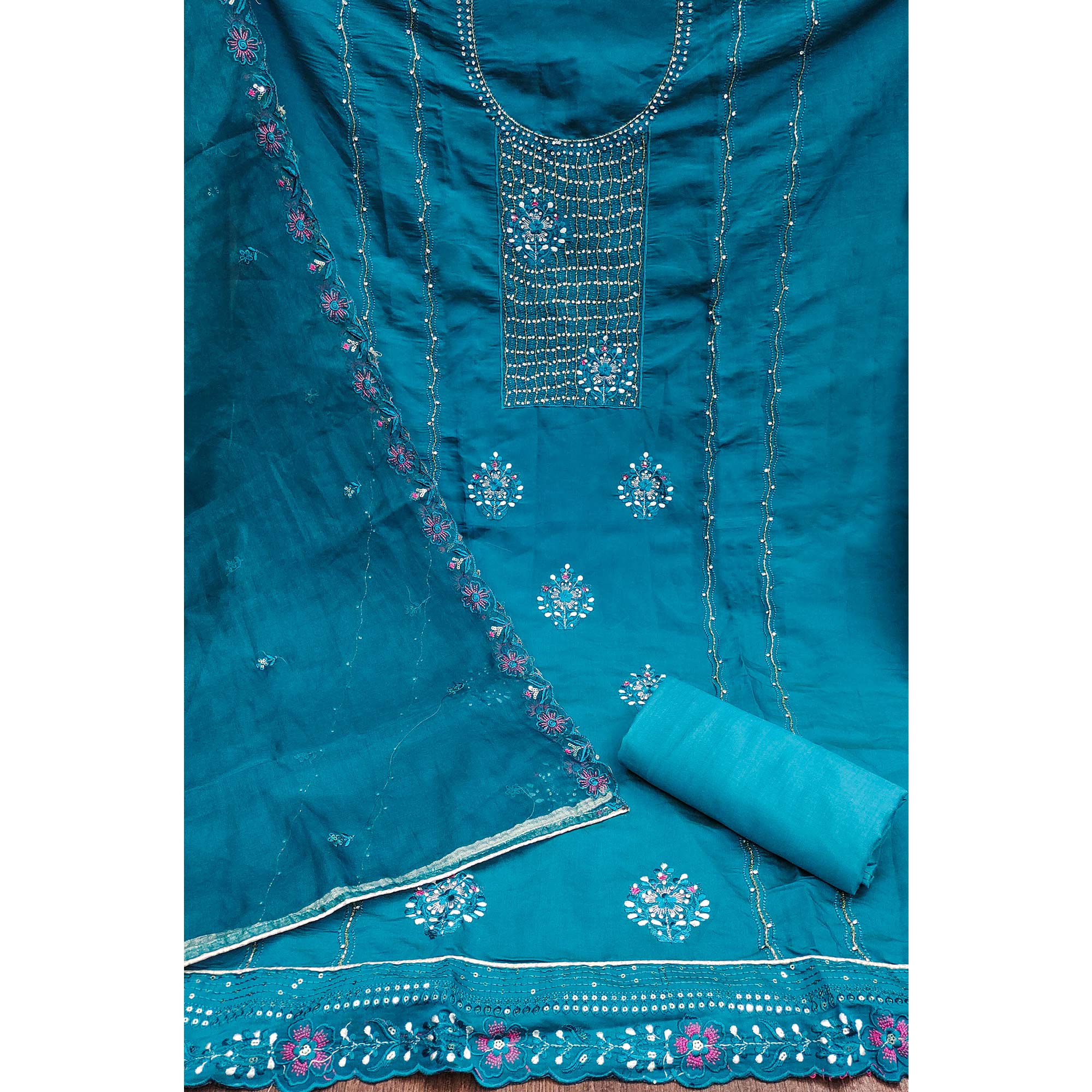 Blue Floral Embroidery With Handwork Roman Cotton Silk Material Material - Image 4