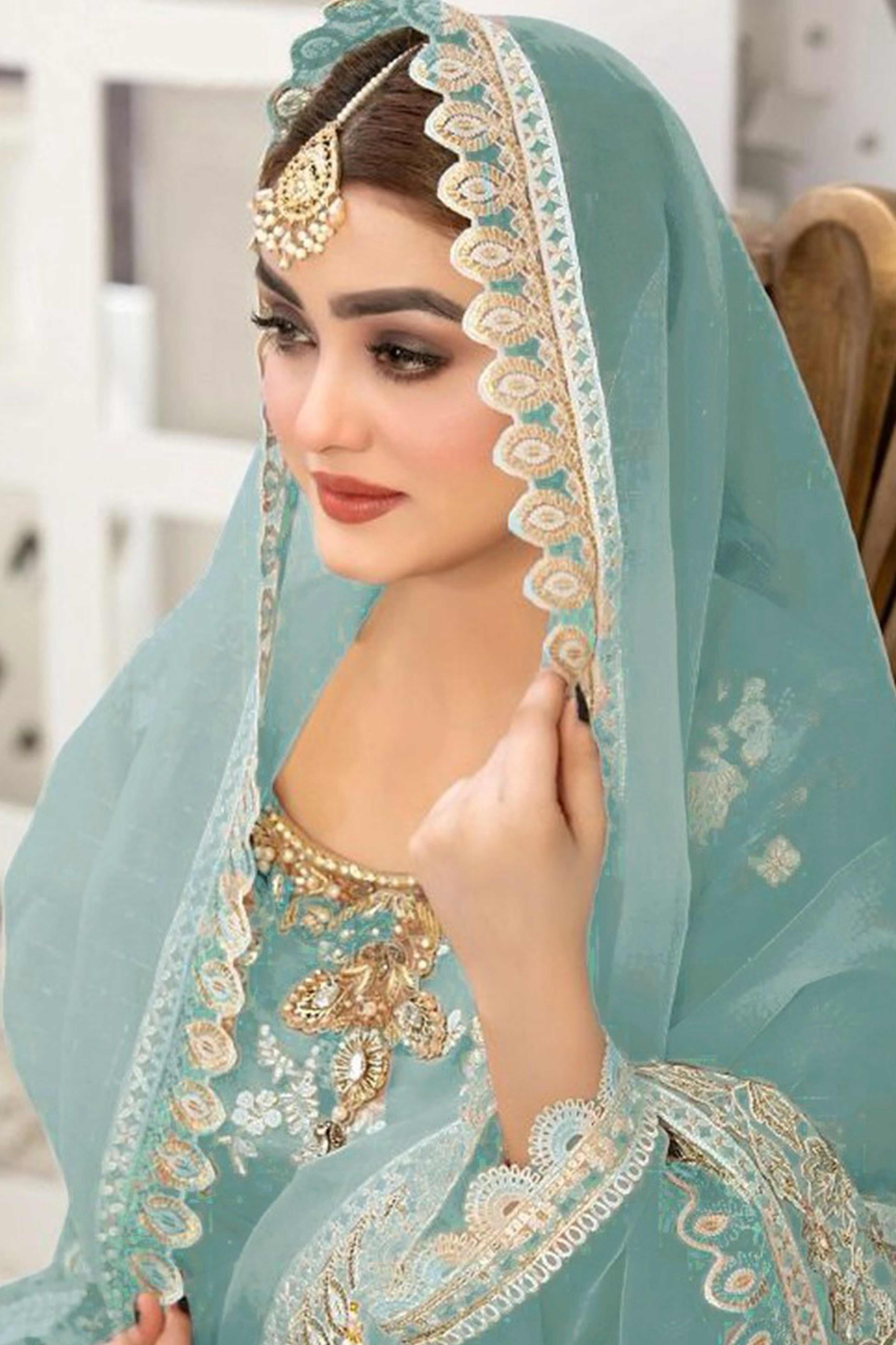 Blue Floral Embroidery With Moti Work Organza Semi Stitched Pakistani Suit - Image 3