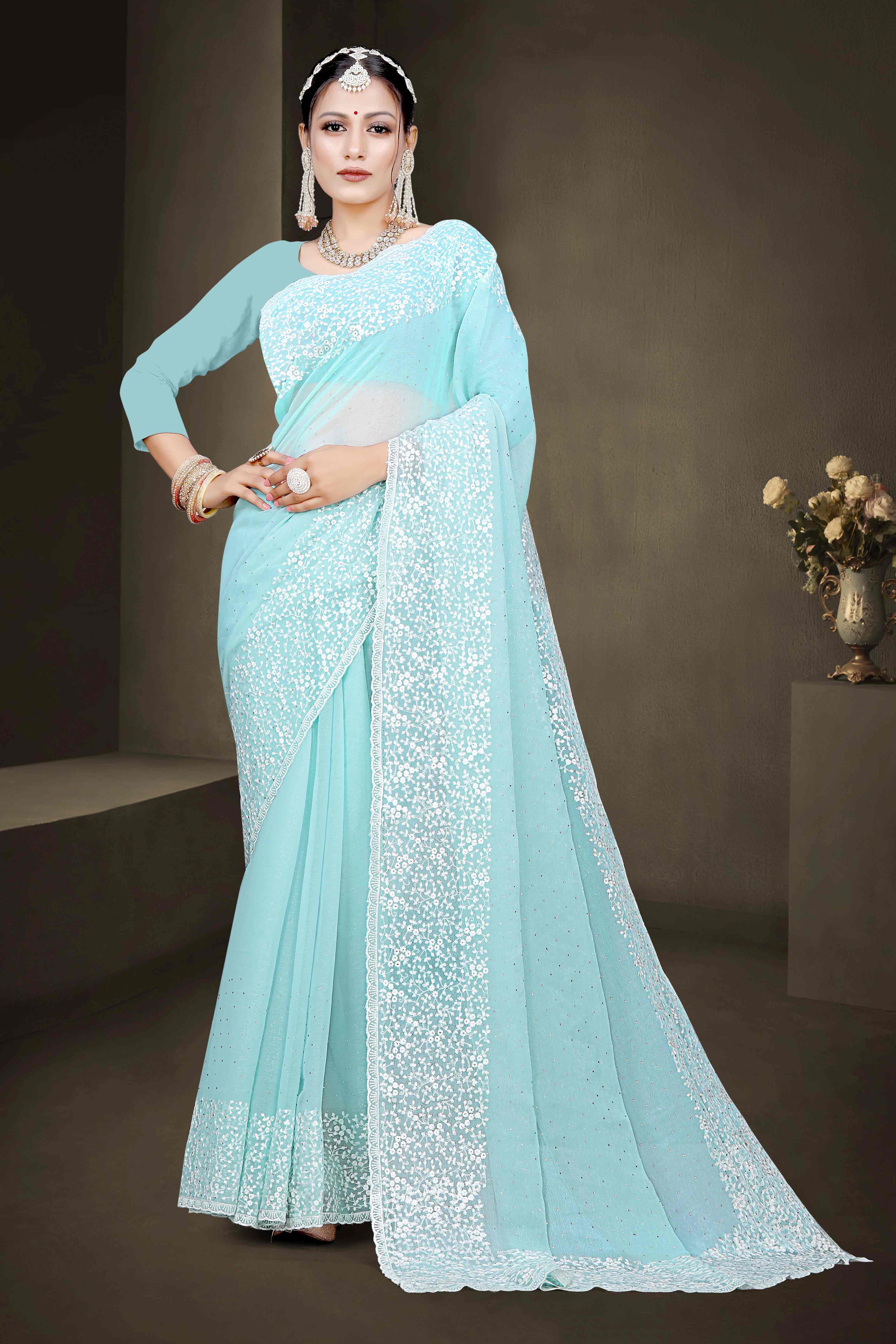 Blue Floral Embroidery With Stonework Chiffon Shimmer Saree - Image 3