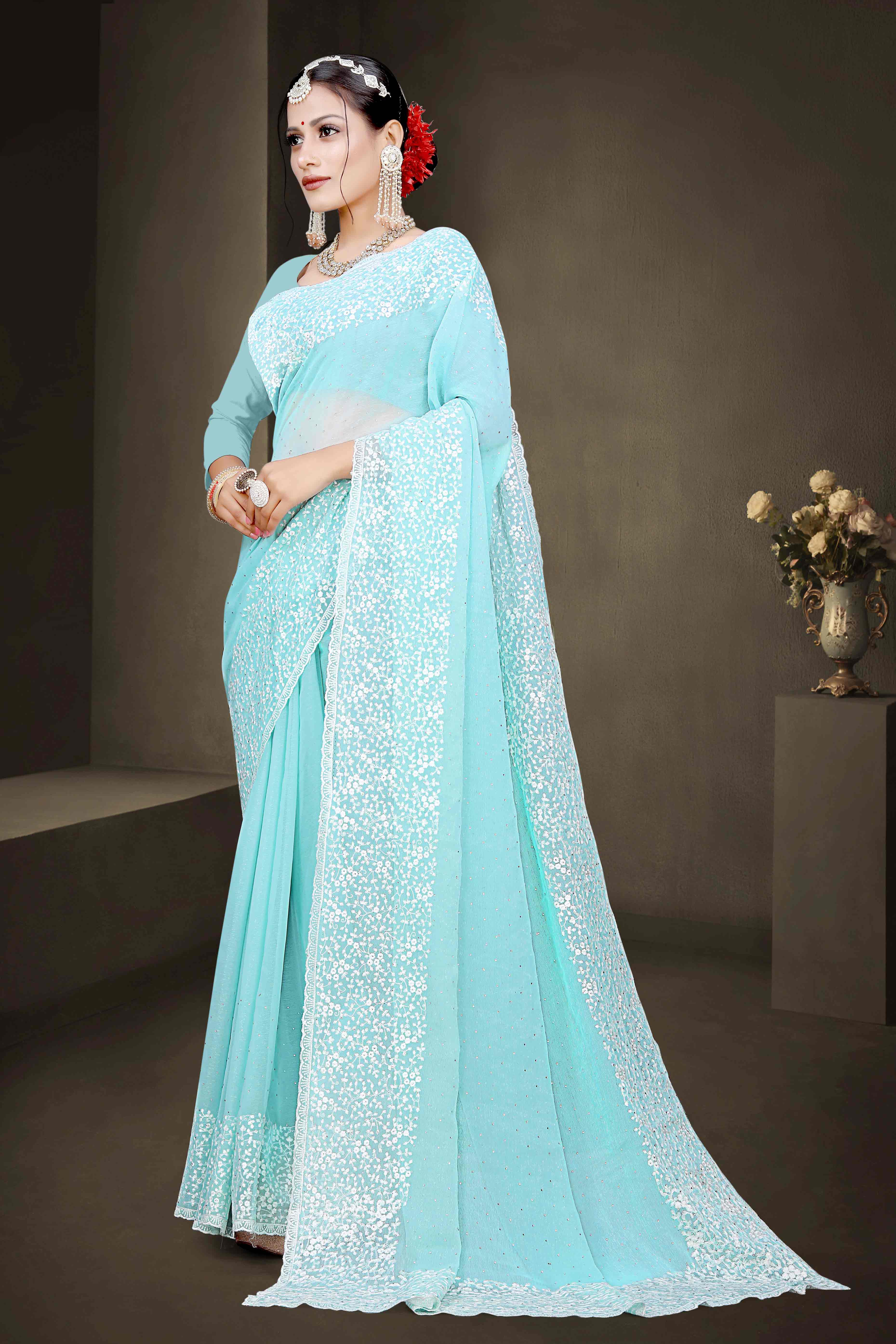 Blue Floral Embroidery With Stonework Chiffon Shimmer Saree - Image 4