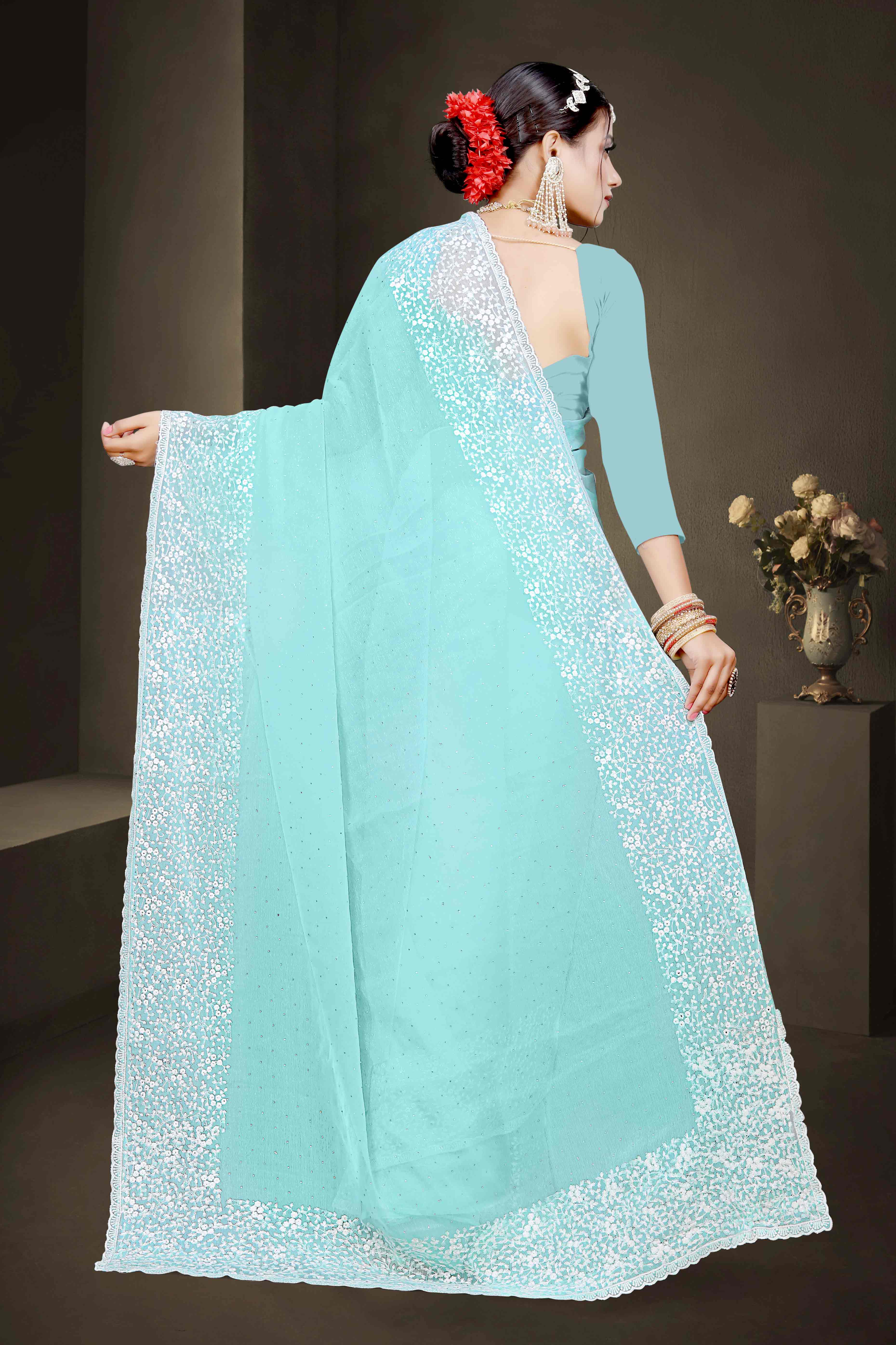 Blue Floral Embroidery With Stonework Chiffon Shimmer Saree - Image 5