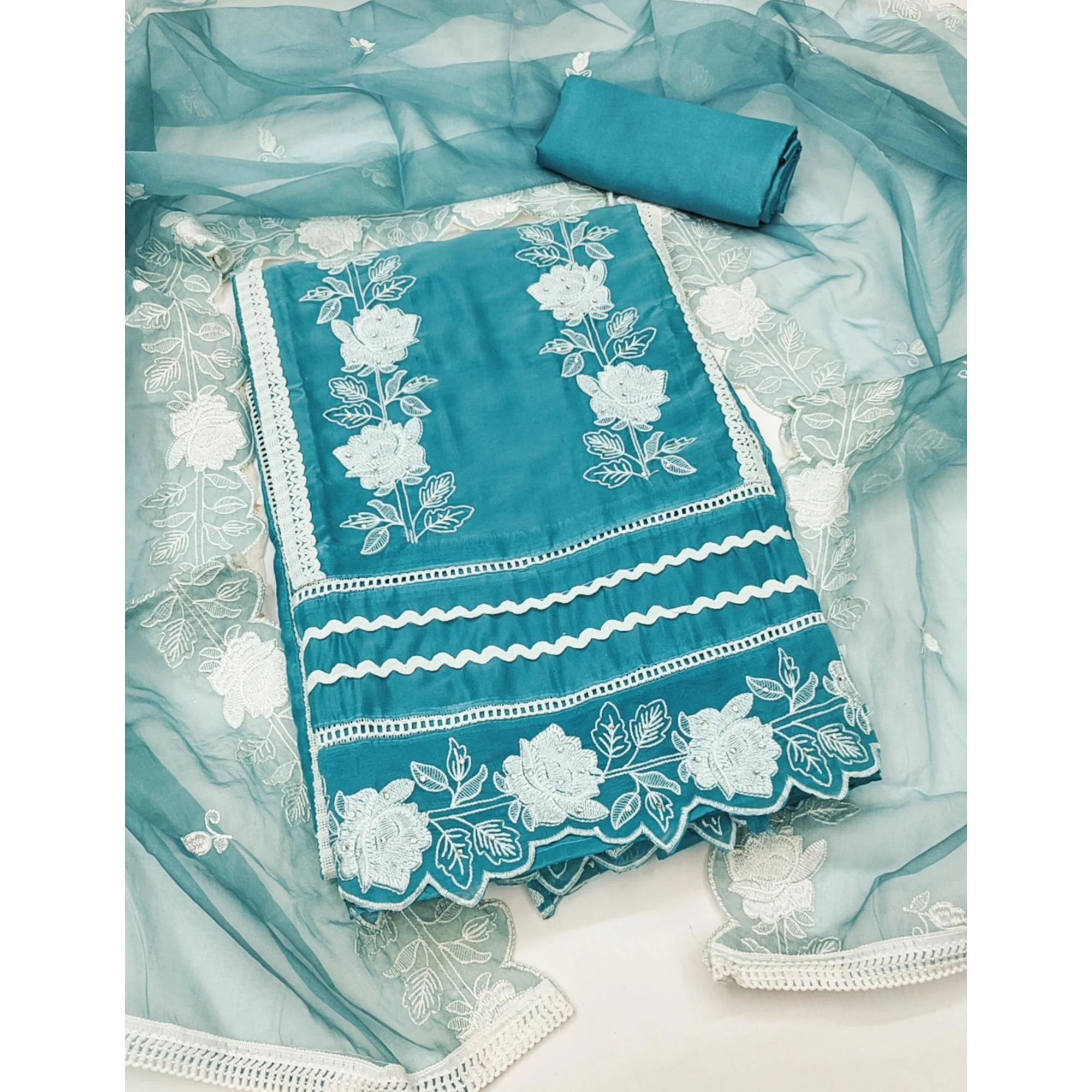 Blue Floral Embroidery With Stonework Organza Dress Material - Image 3