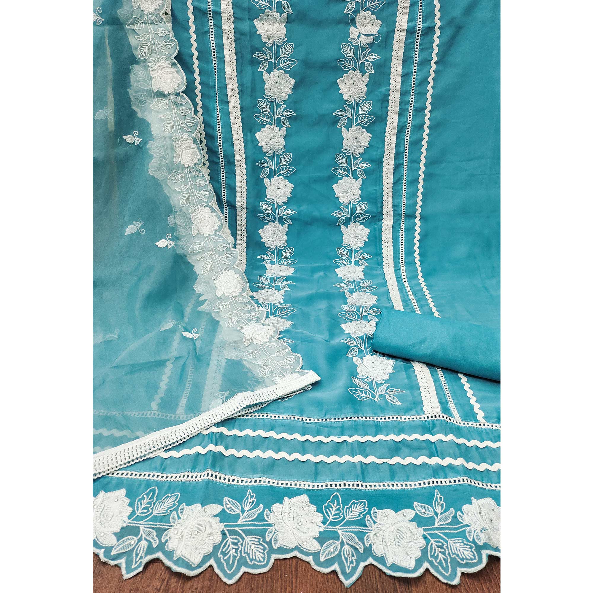 Blue Floral Embroidery With Stonework Organza Dress Material - Image 4