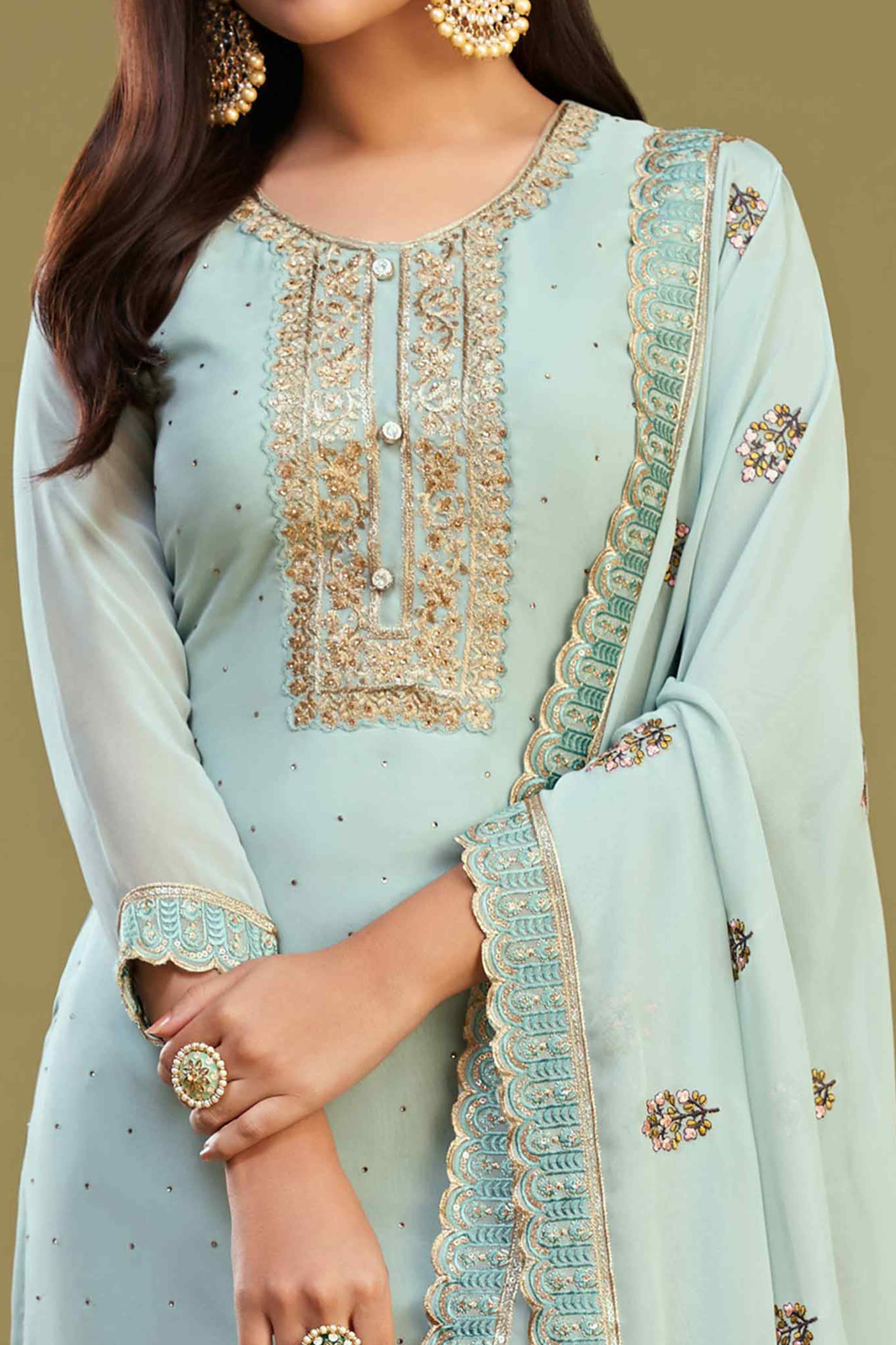 Blue Floral Embroidery With Swarovski Work Georgette Semi Stitched Suit - Image 2