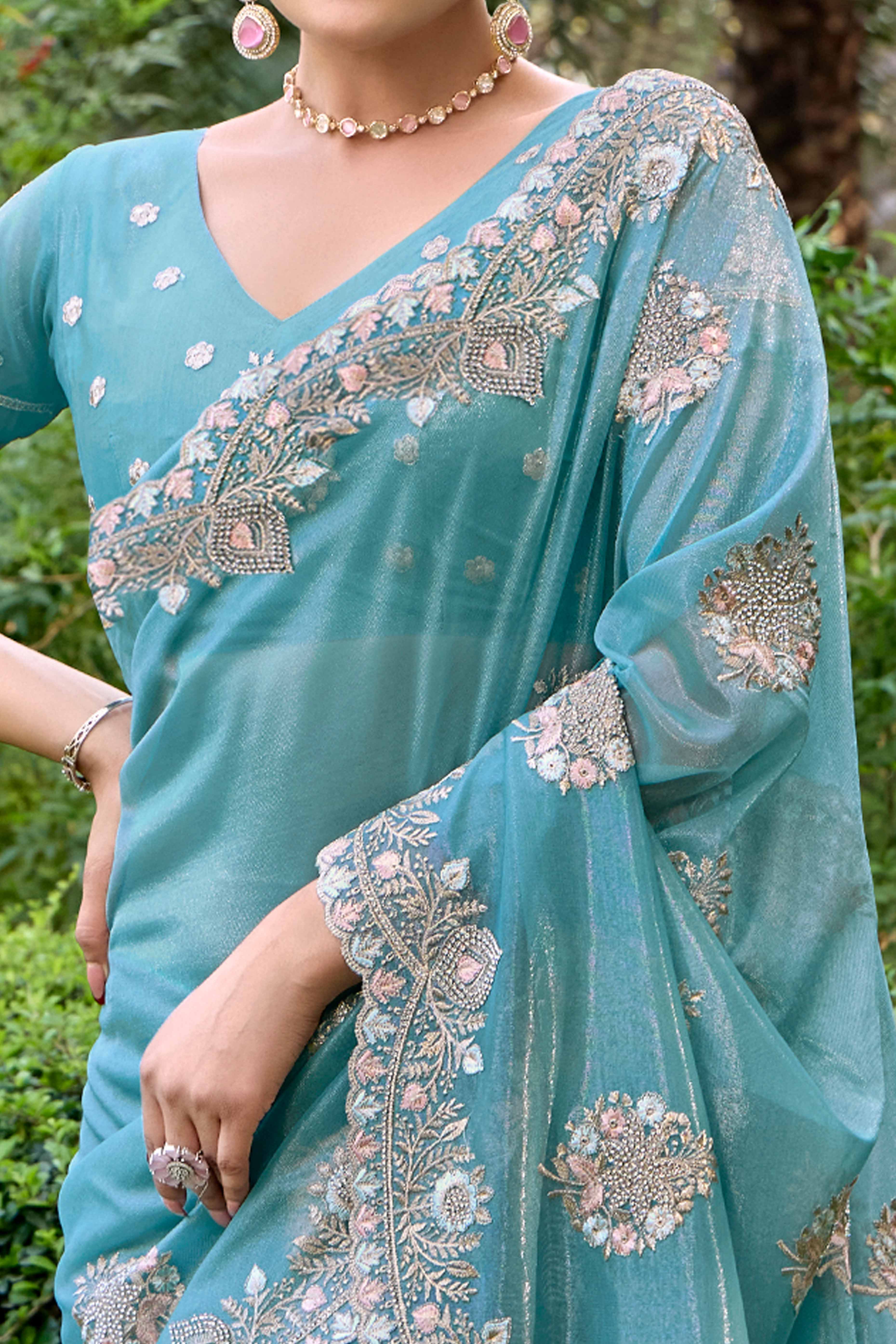 Blue Floral Embroidery With Zarkan Organza Net Saree - Image 2