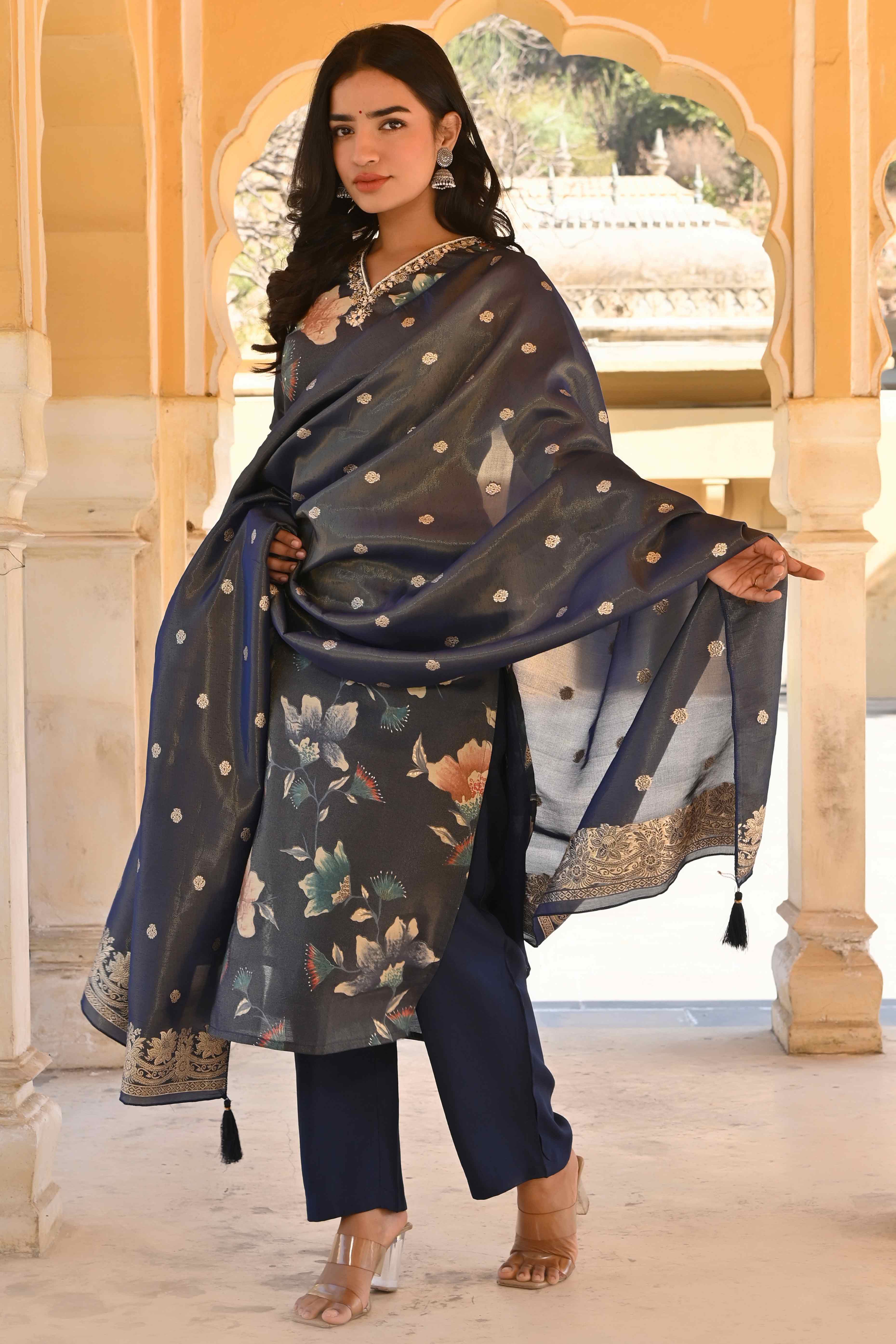 Blue Floral Foil Pinted With Handwork Viscose Salwar Suit - Image 3