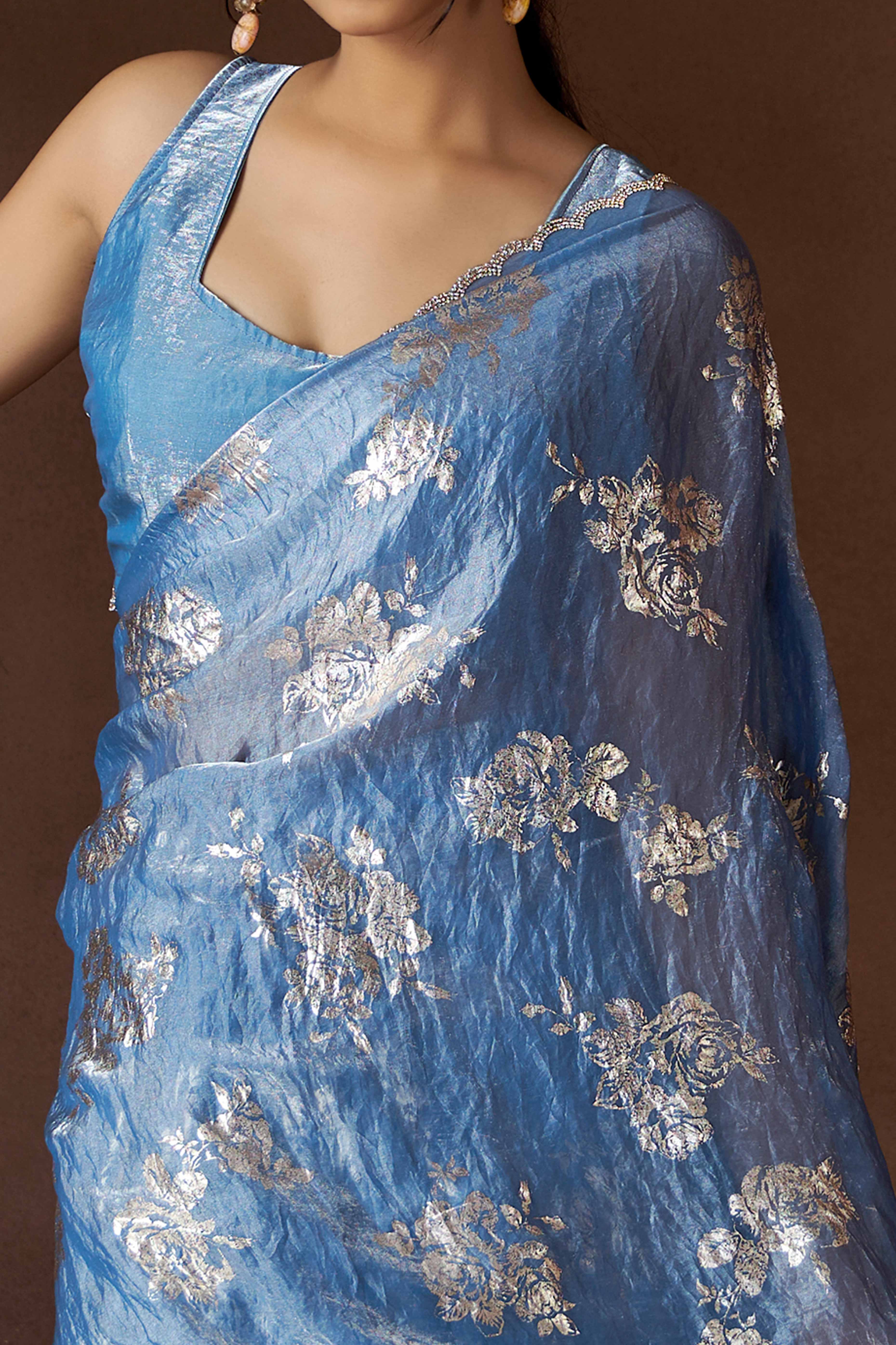 Blue Floral Foil Printed Satin Silk Saree With Zarkan Border - Image 2