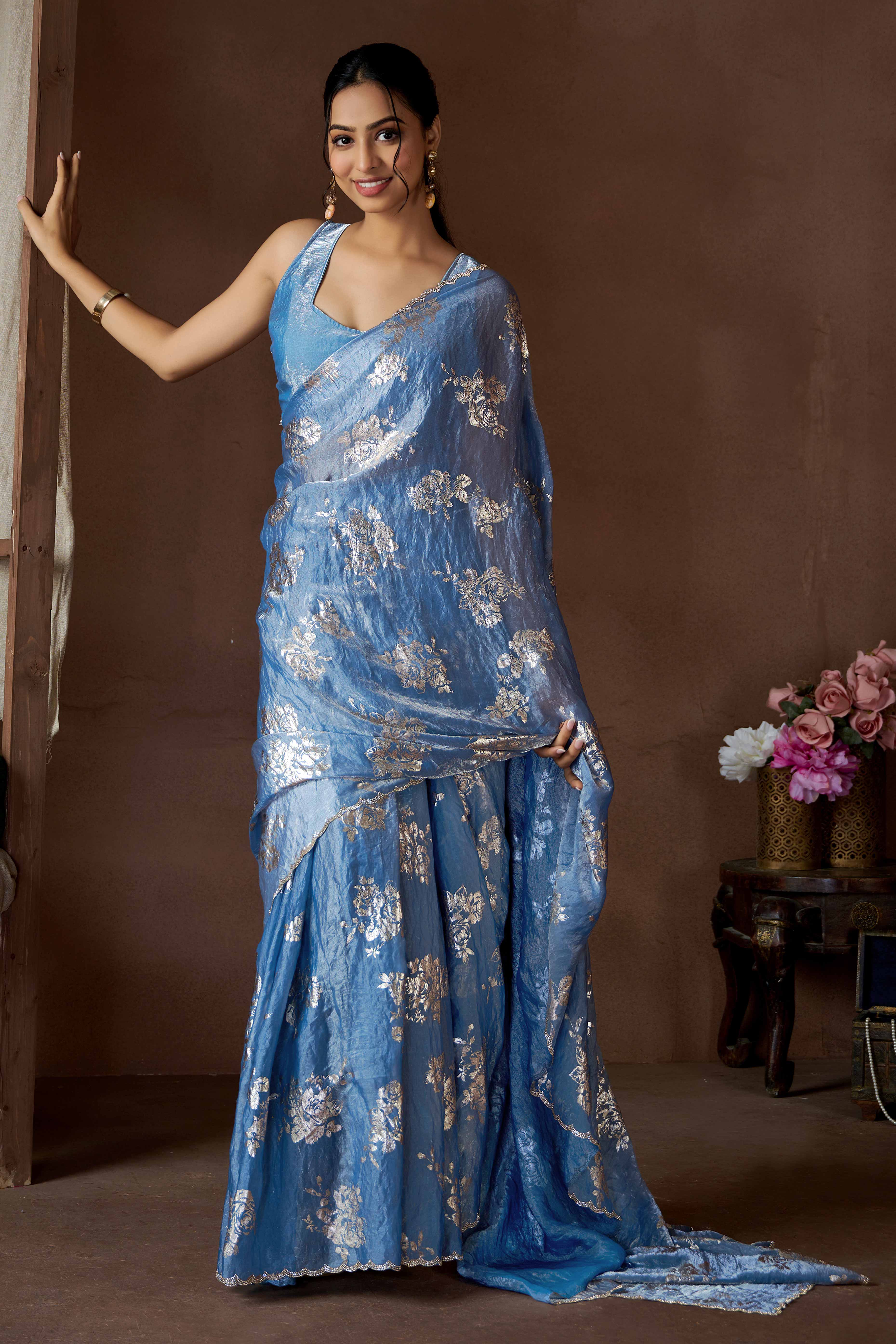 Blue Floral Foil Printed Satin Silk Saree With Zarkan Border - Image 3