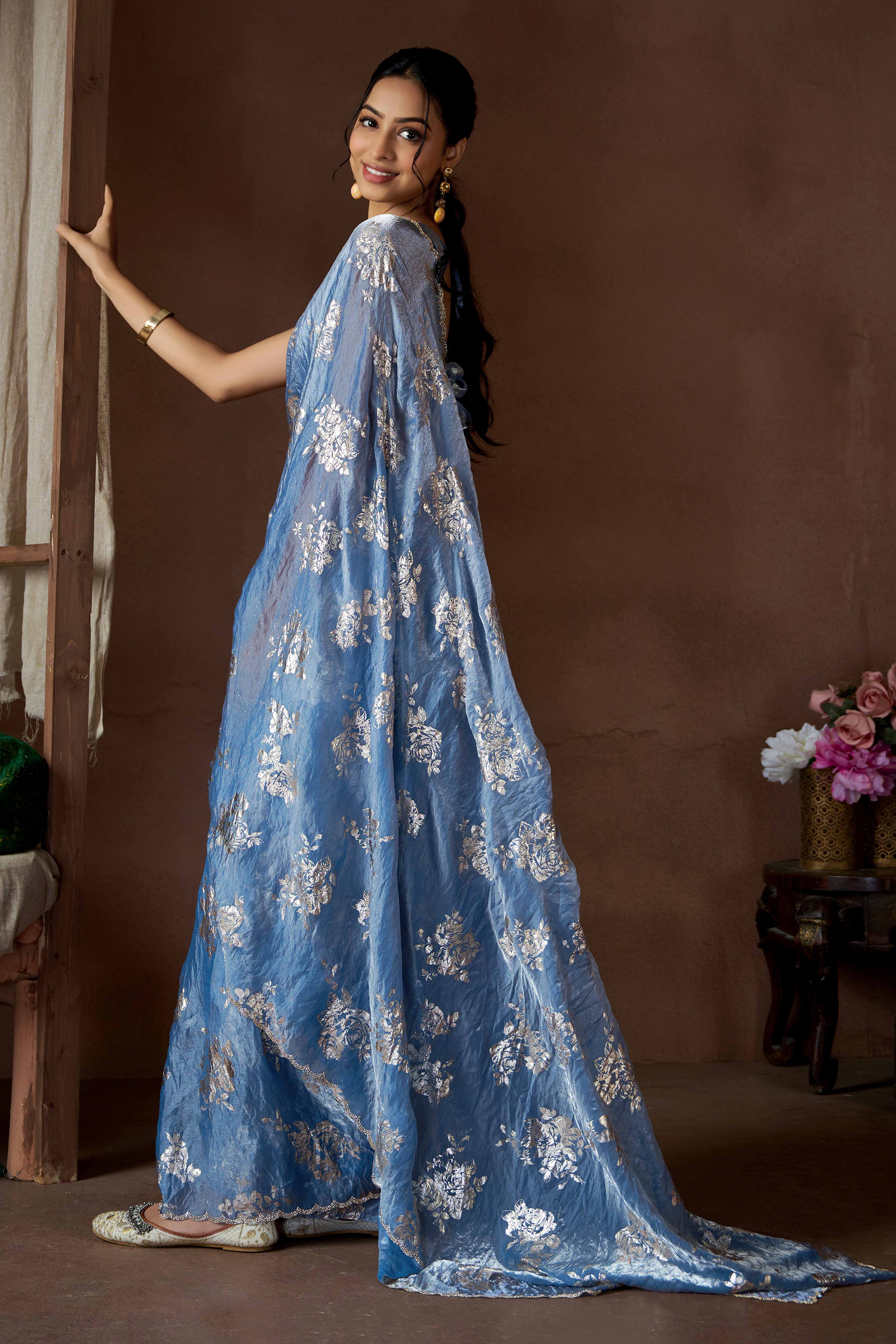 Blue Floral Foil Printed Satin Silk Saree With Zarkan Border - Image 4