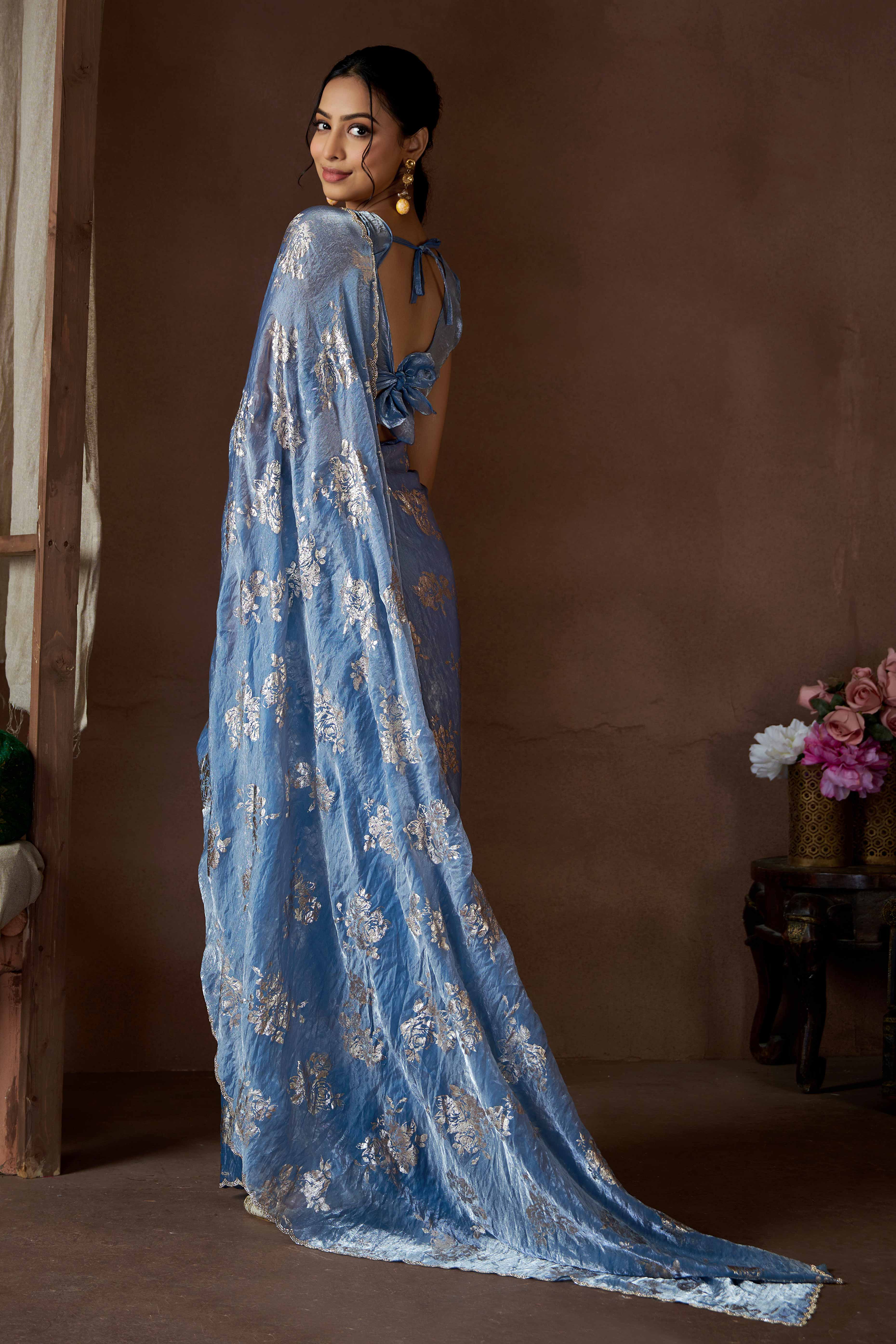 Blue Floral Foil Printed Satin Silk Saree With Zarkan Border - Image 5