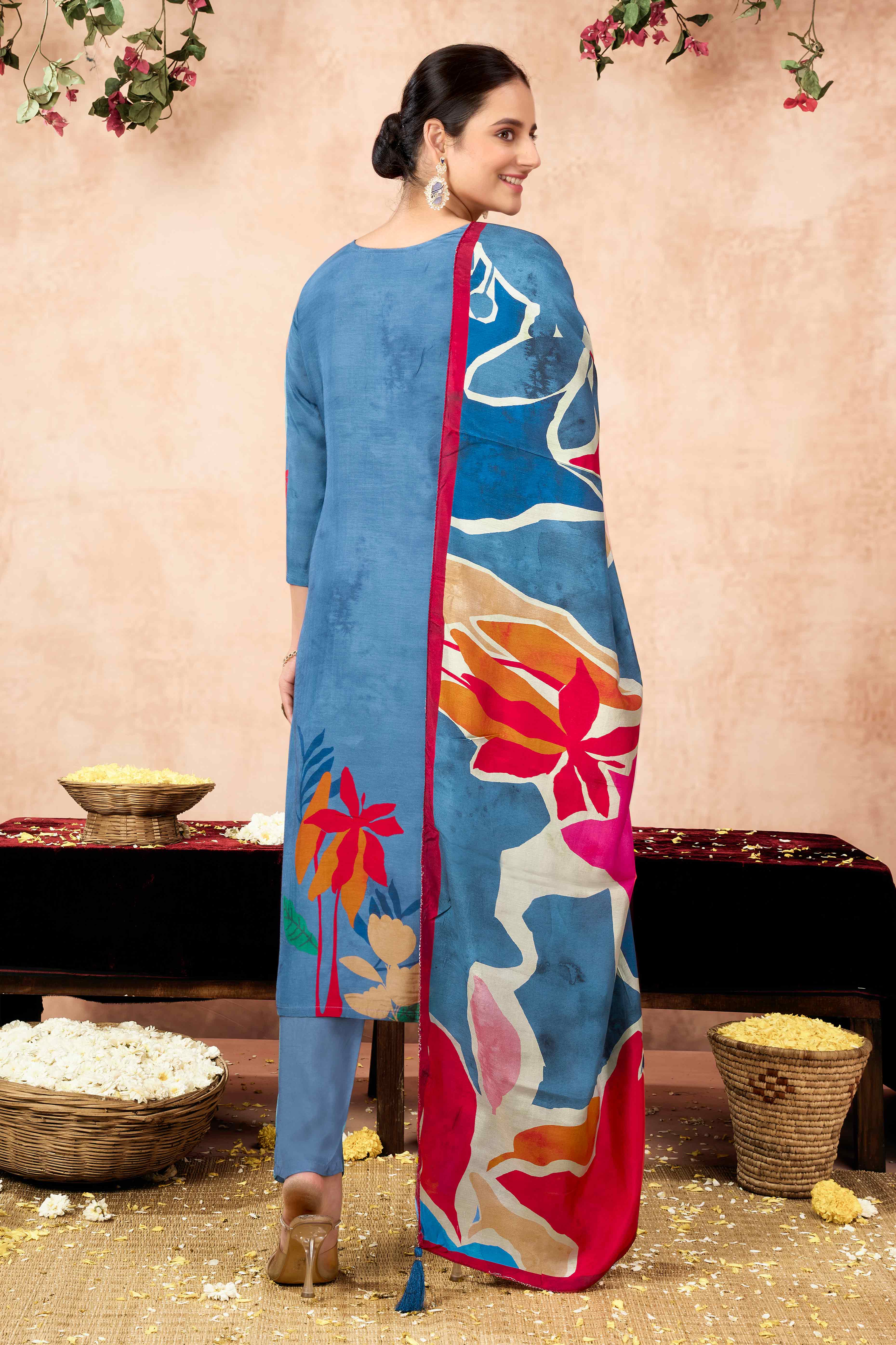Blue Floral Hand Embroidery With Printed Muslin Straight Salwar Suit - Image 6