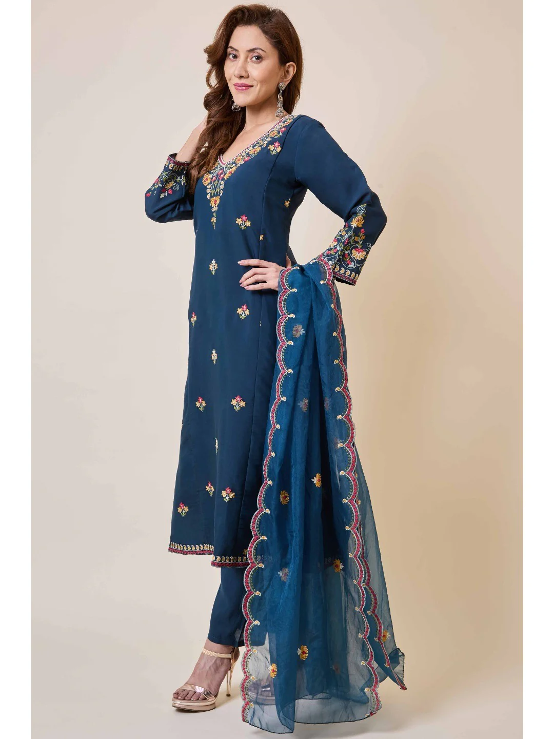 Prussian Blue Floral Hand Work Embroidered Chanderi Salwar Suit - Image 10