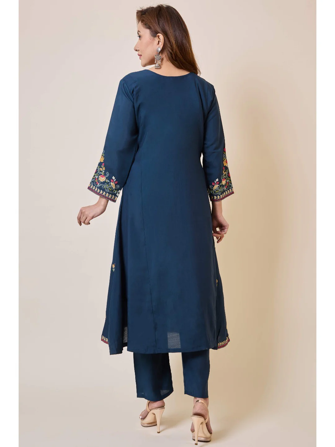 Prussian Blue Floral Hand Work Embroidered Chanderi Salwar Suit - Image 11