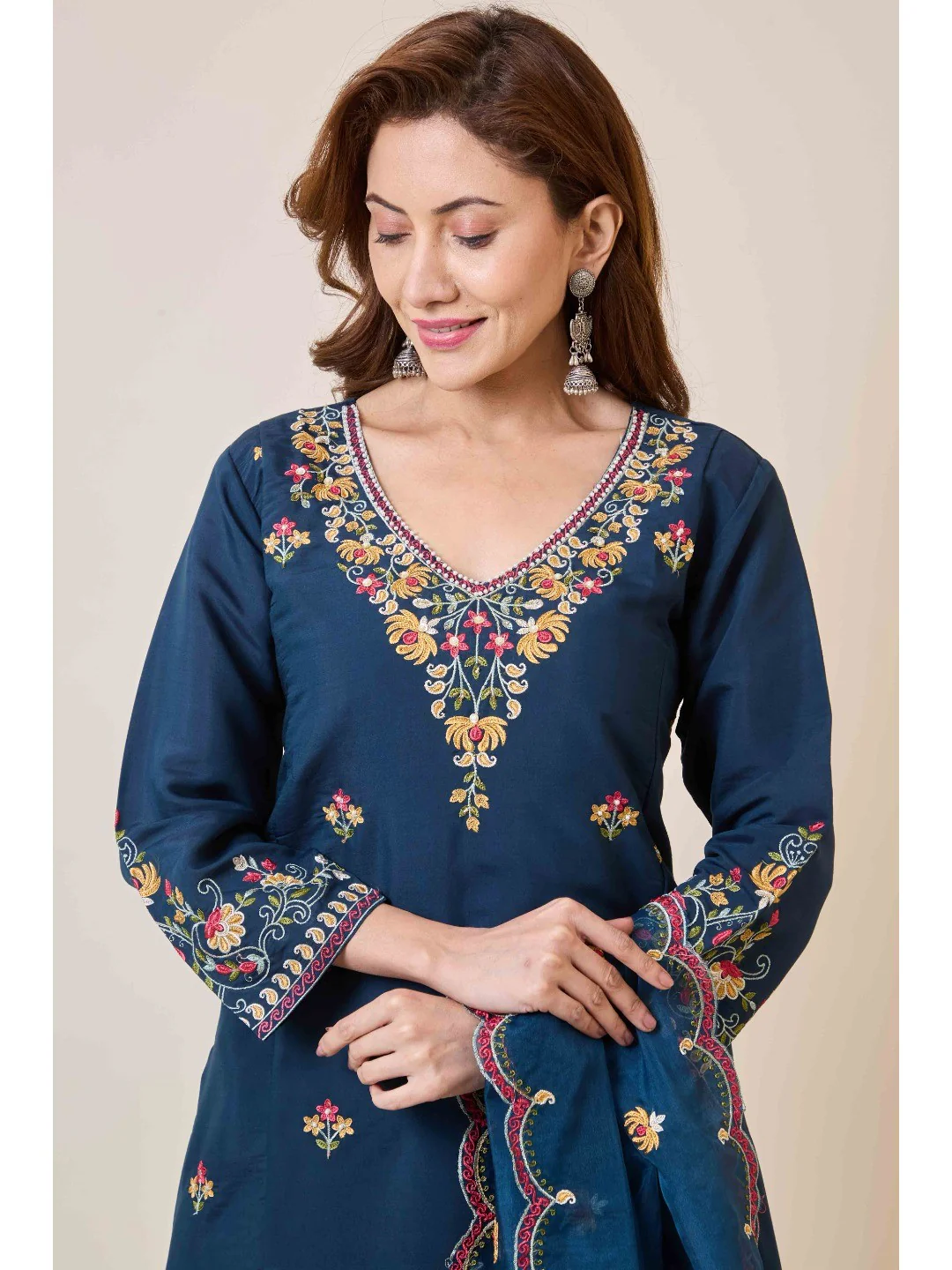 Prussian Blue Floral Hand Work Embroidered Chanderi Salwar Suit - Image 12