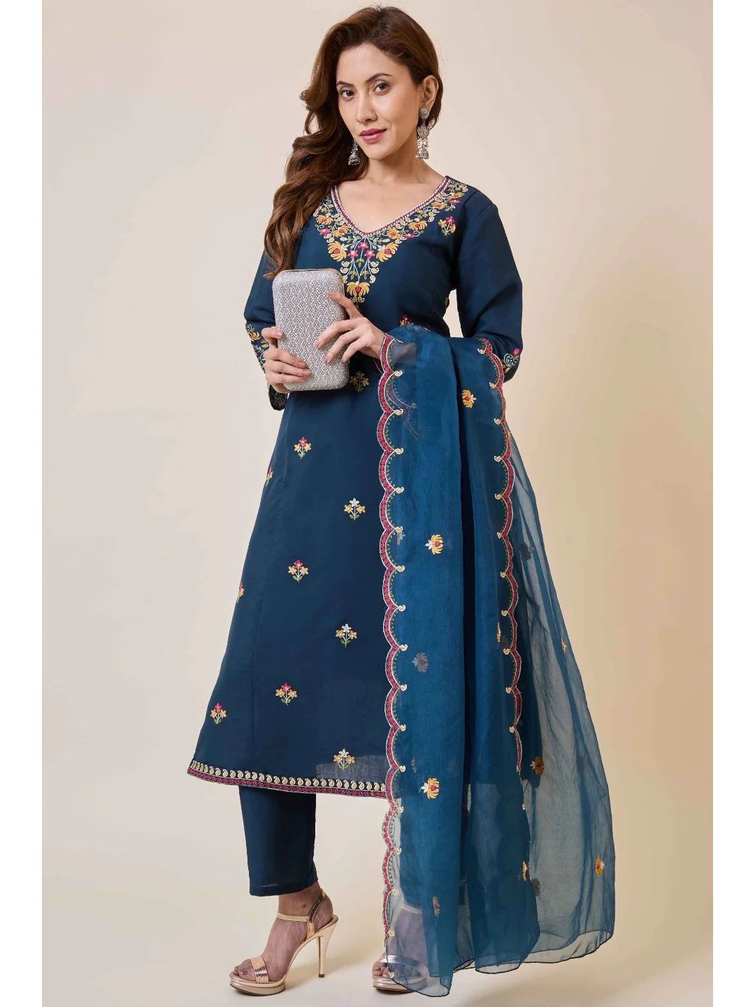 Prussian Blue Floral Hand Work Embroidered Chanderi Salwar Suit - Image 2