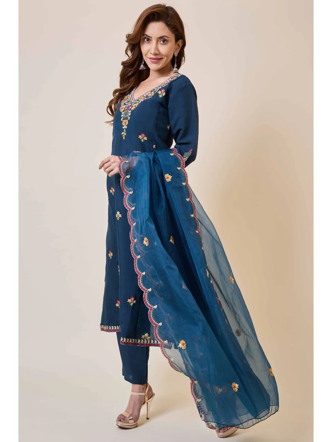 Prussian Blue Floral Hand Work Embroidered Chanderi Salwar Suit - Image 3