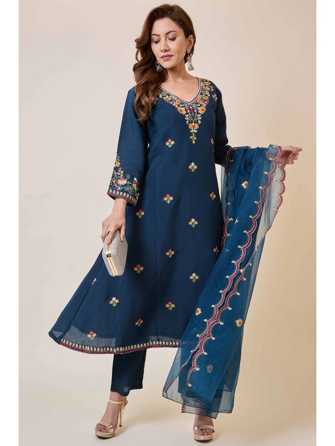 Prussian Blue Floral Hand Work Embroidered Chanderi Salwar Suit - Image 4