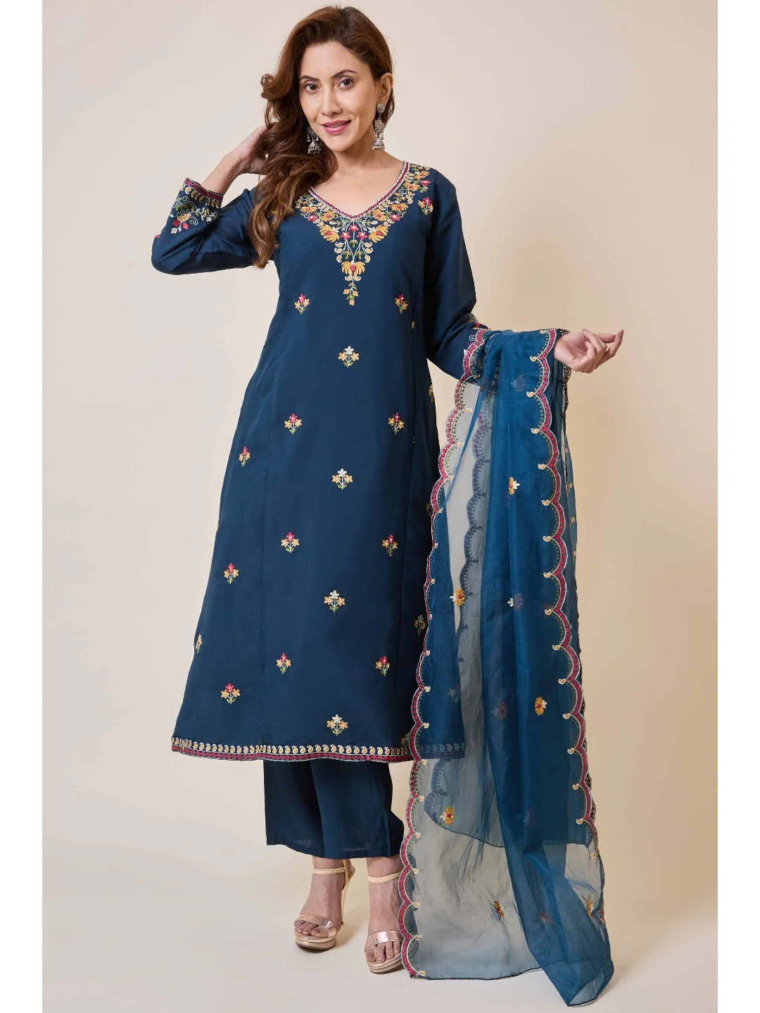 Prussian Blue Floral Hand Work Embroidered Chanderi Salwar Suit - Image 5