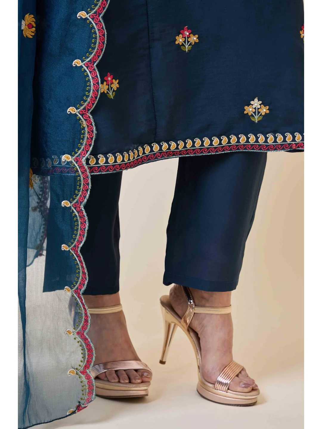 Prussian Blue Floral Hand Work Embroidered Chanderi Salwar Suit - Image 6