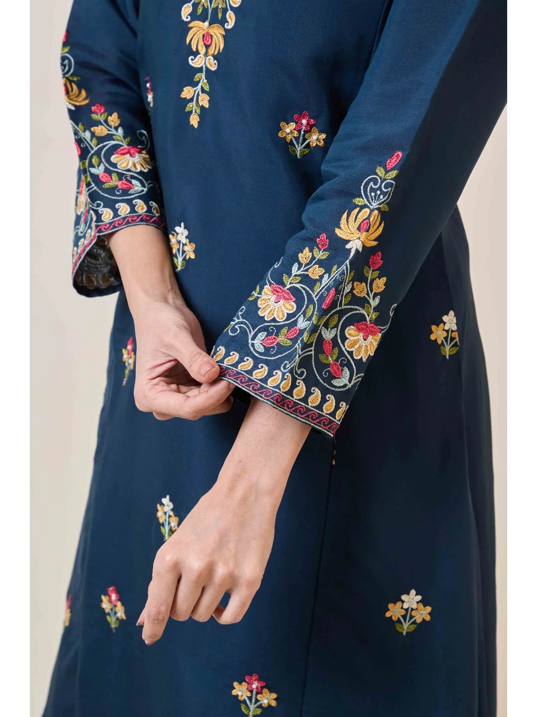 Prussian Blue Floral Hand Work Embroidered Chanderi Salwar Suit - Image 7