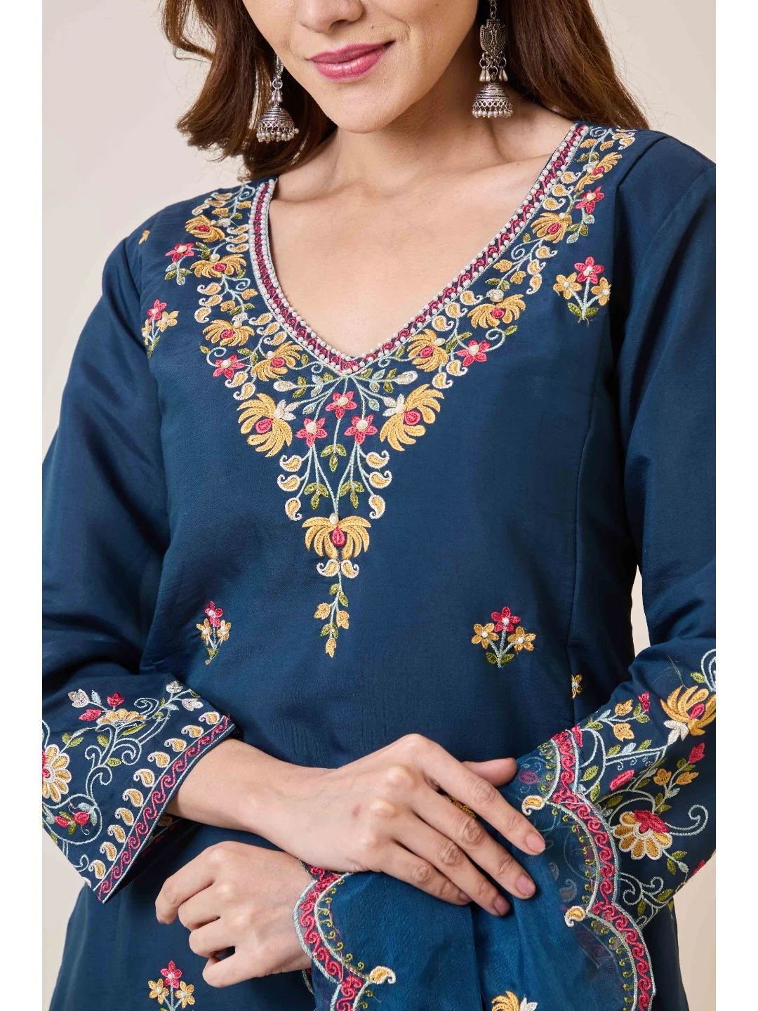 Prussian Blue Floral Hand Work Embroidered Chanderi Salwar Suit - Image 8