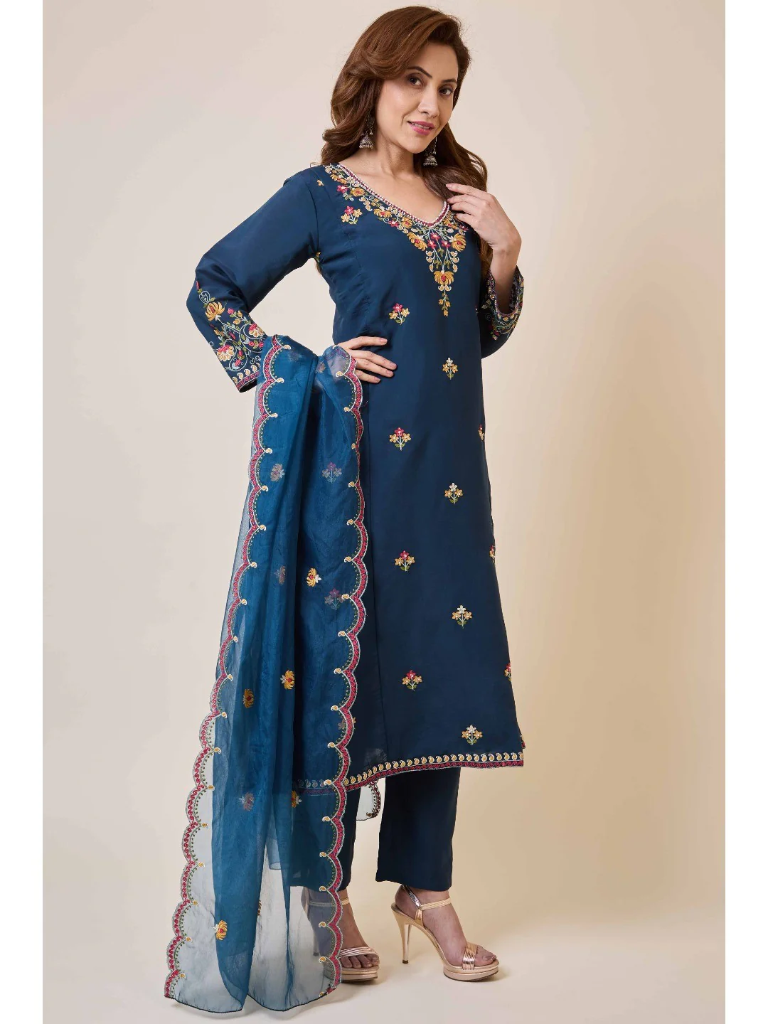 Prussian Blue Floral Hand Work Embroidered Chanderi Salwar Suit - Image 9