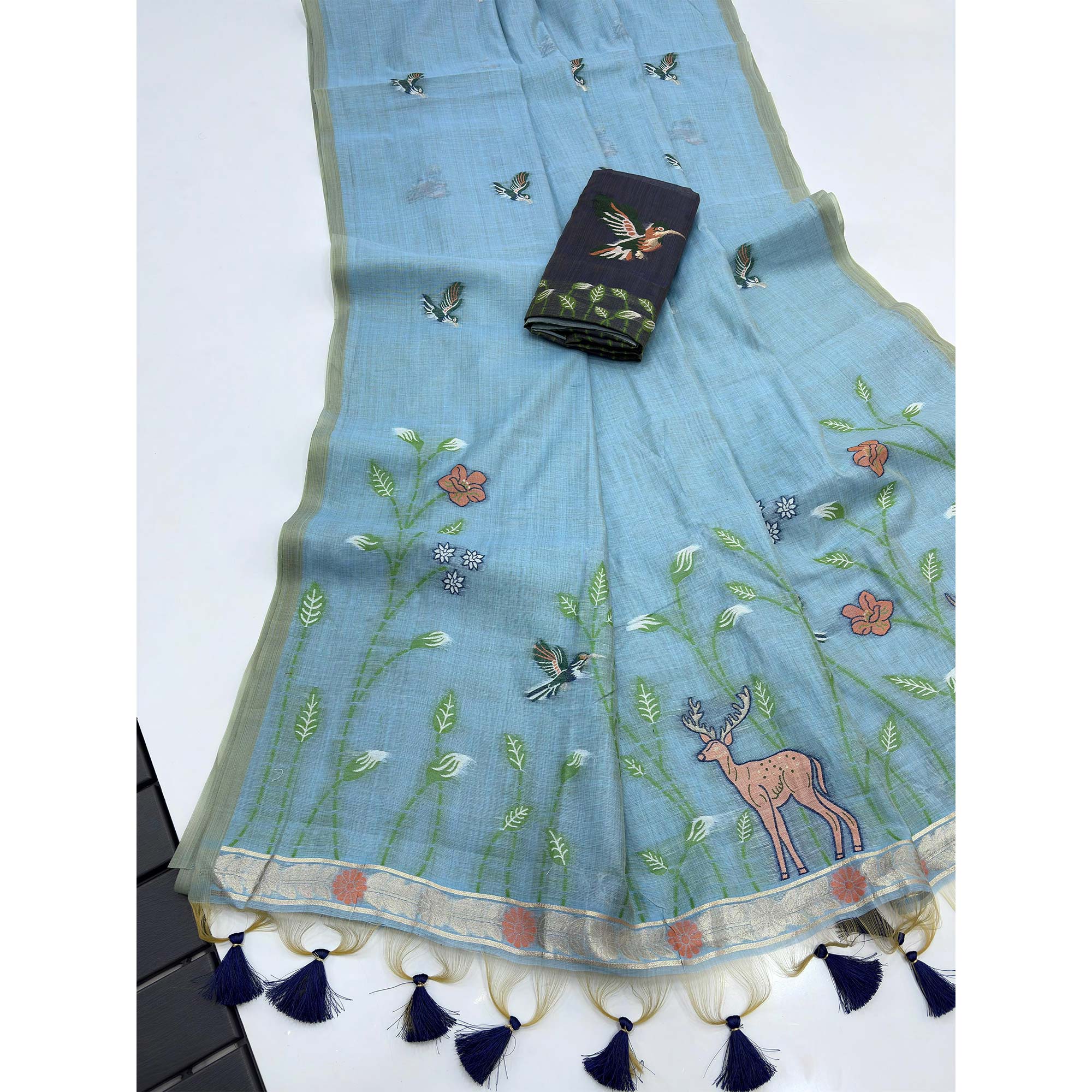 Blue Floral Handloom Muga Cotton Silk Saree with Artisanal Weave - Image 3