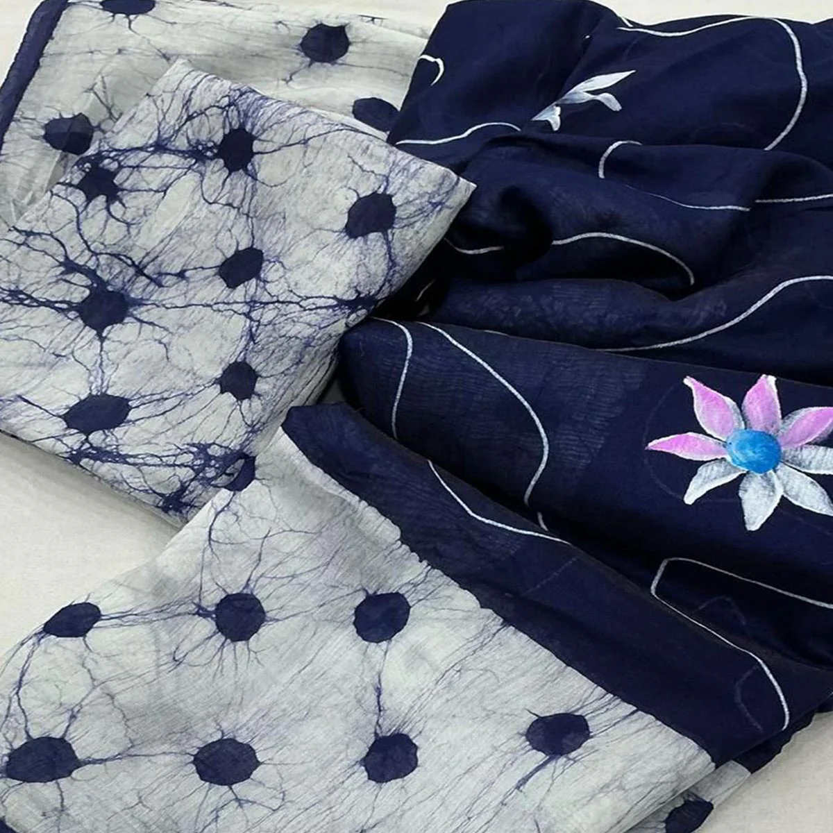 Blue Floral Handprinted Linen Saree for Graceful Ethnic Occasions - Image 2
