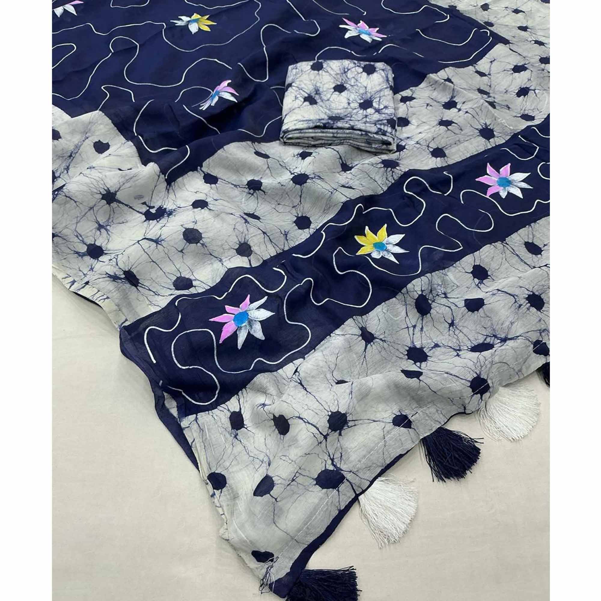 Blue Floral Handprinted Linen Saree for Graceful Ethnic Occasions - Image 3