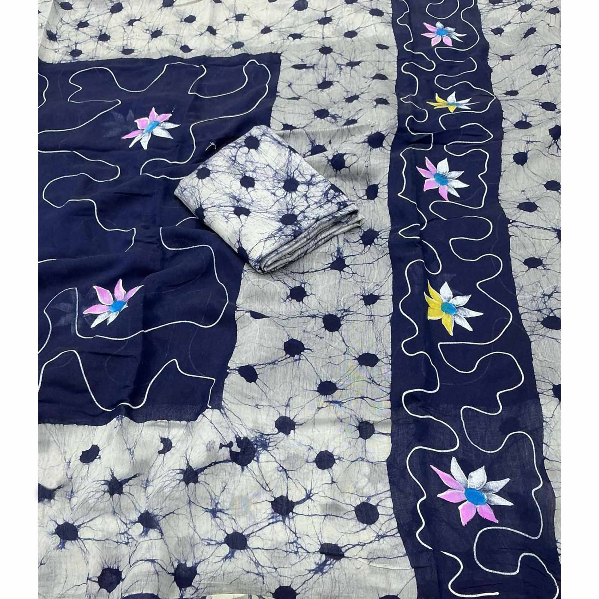 Blue Floral Handprinted Linen Saree for Graceful Ethnic Occasions - Image 4