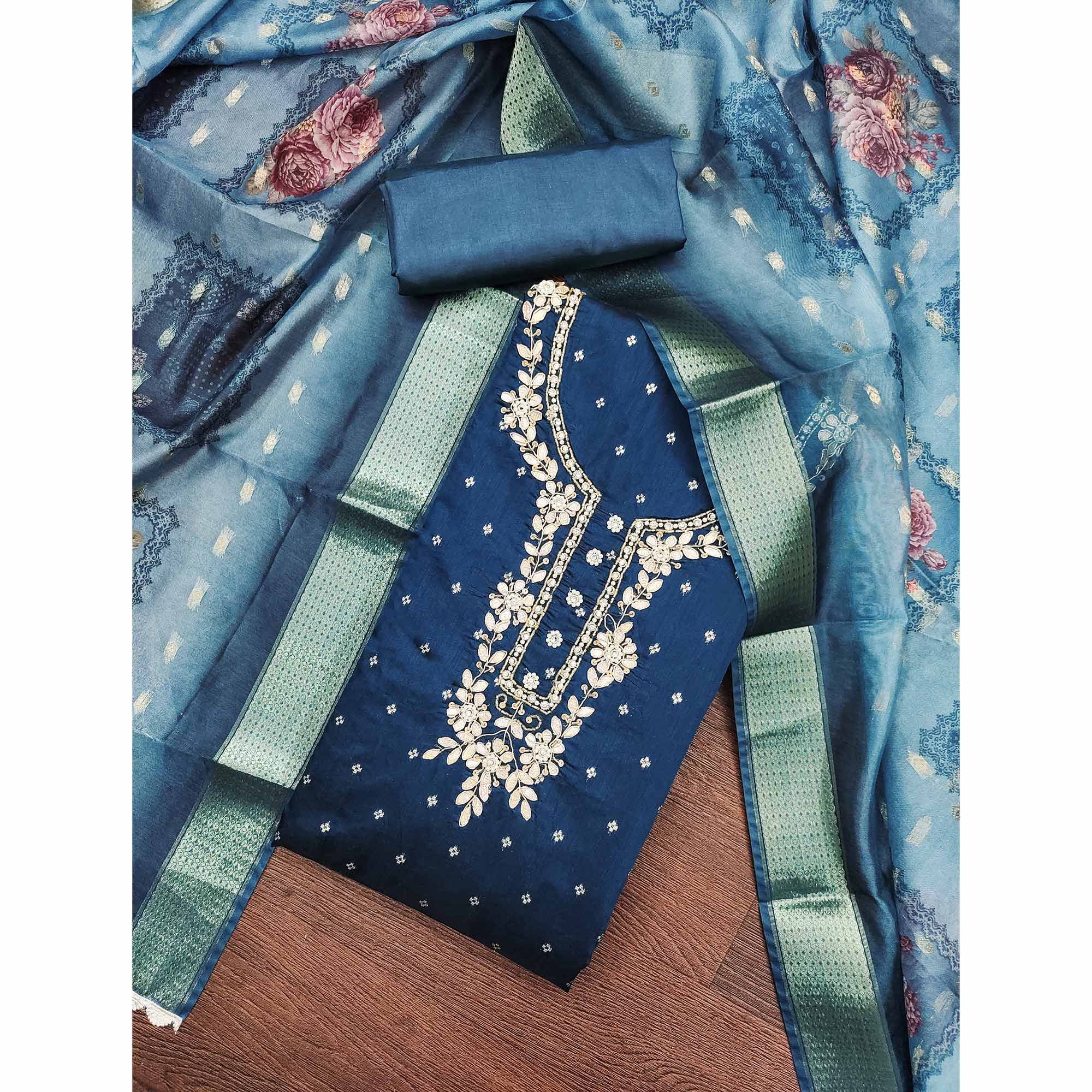 Blue Floral Moti With Gota Patti Handwork Banaarasi Silk Dress Material - Image 3