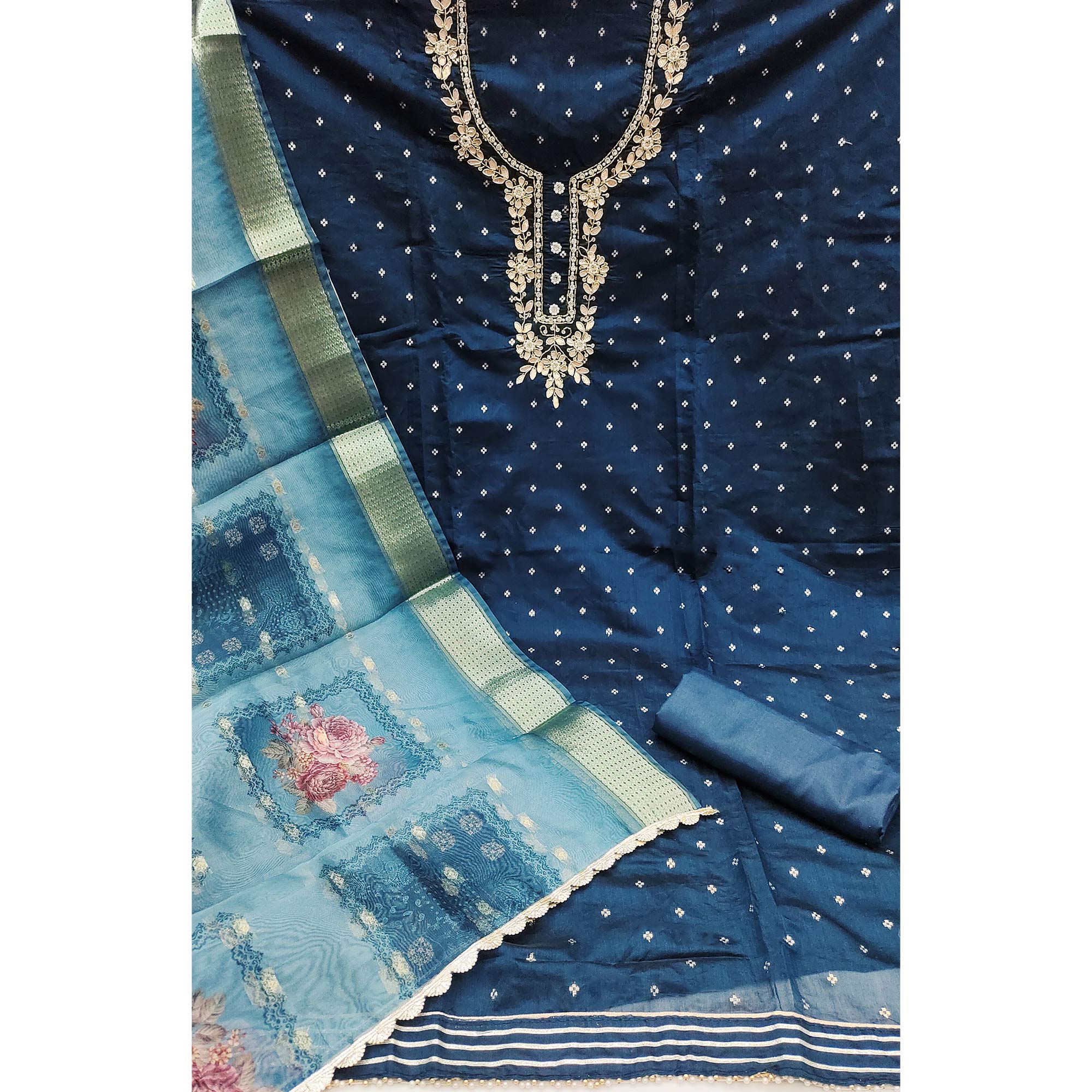 Blue Floral Moti With Gota Patti Handwork Banaarasi Silk Dress Material - Image 4