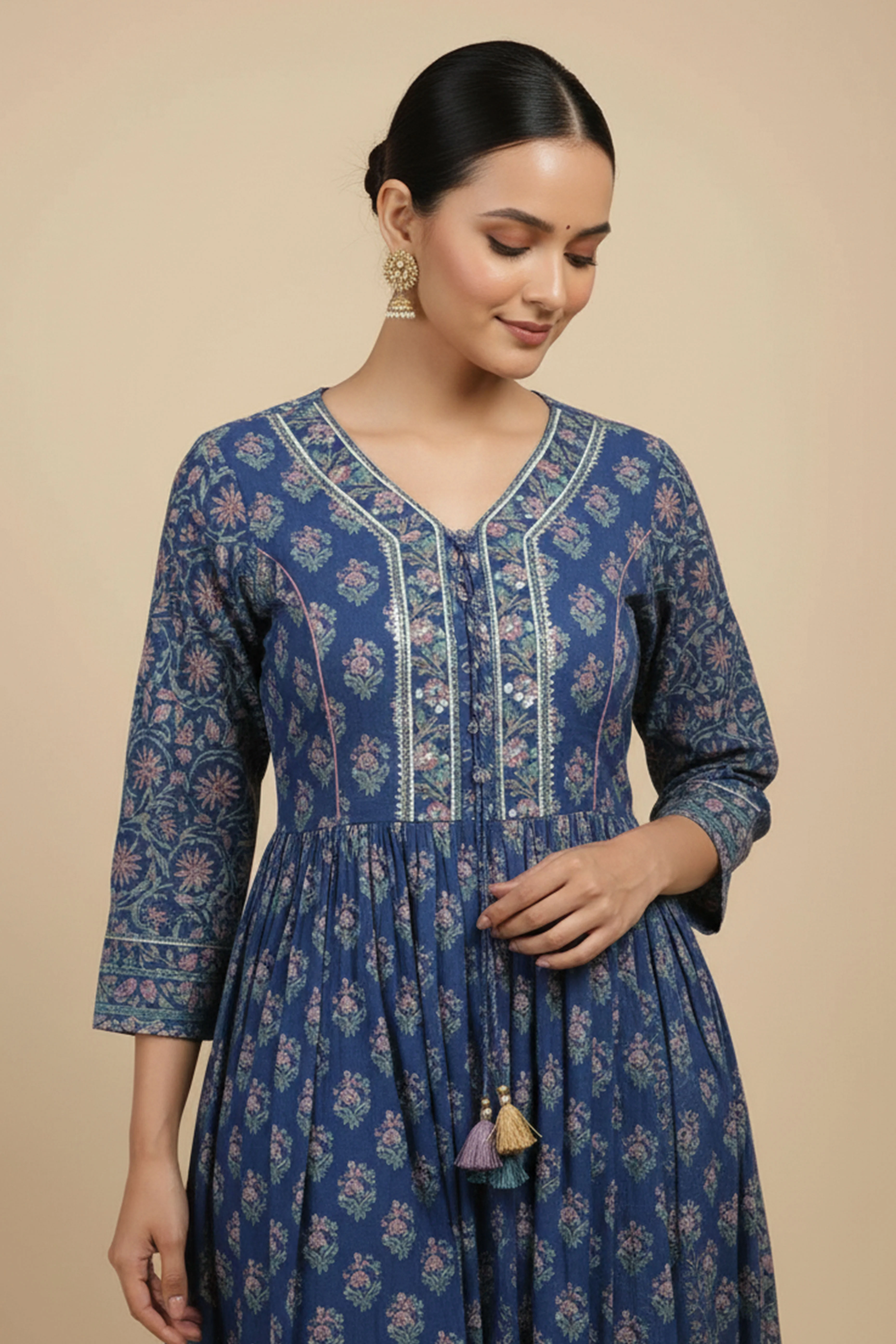 Blue Floral Print Anarkali Salwar Suit Made from Soft and Breathable Pure Cotton Fabric - Image 2
