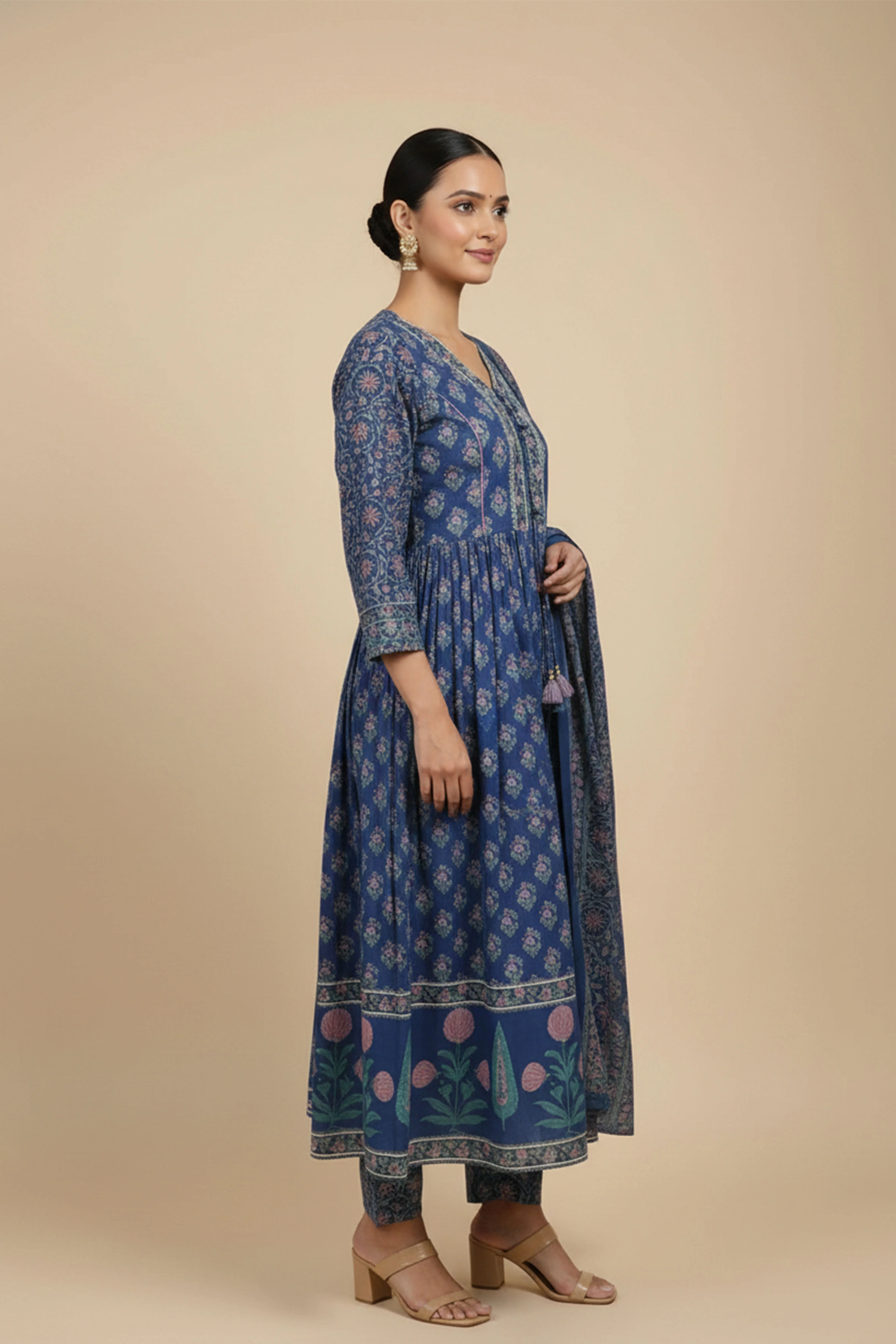 Blue Floral Print Anarkali Salwar Suit Made from Soft and Breathable Pure Cotton Fabric - Image 4