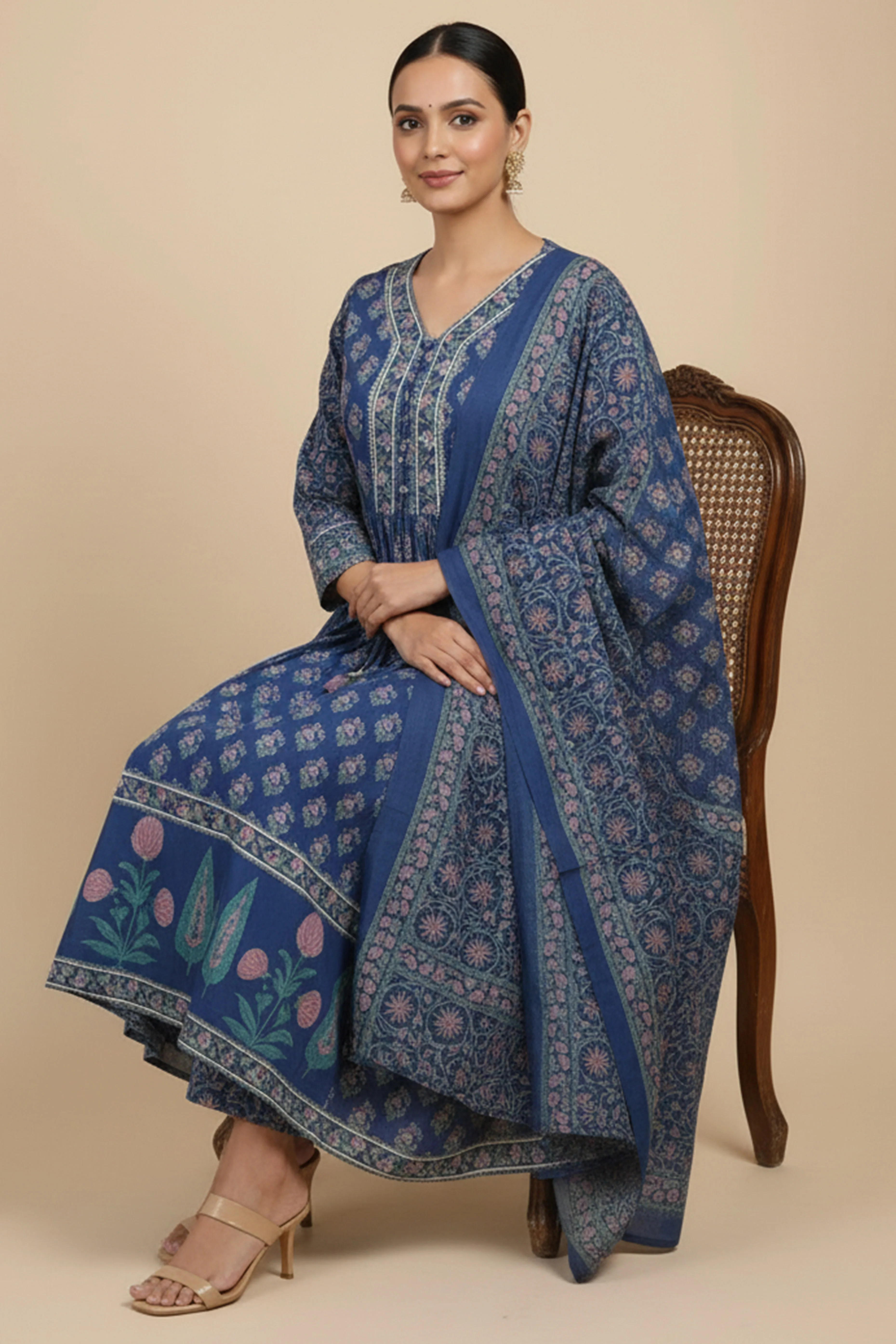 Blue Floral Print Anarkali Salwar Suit Made from Soft and Breathable Pure Cotton Fabric - Image 5