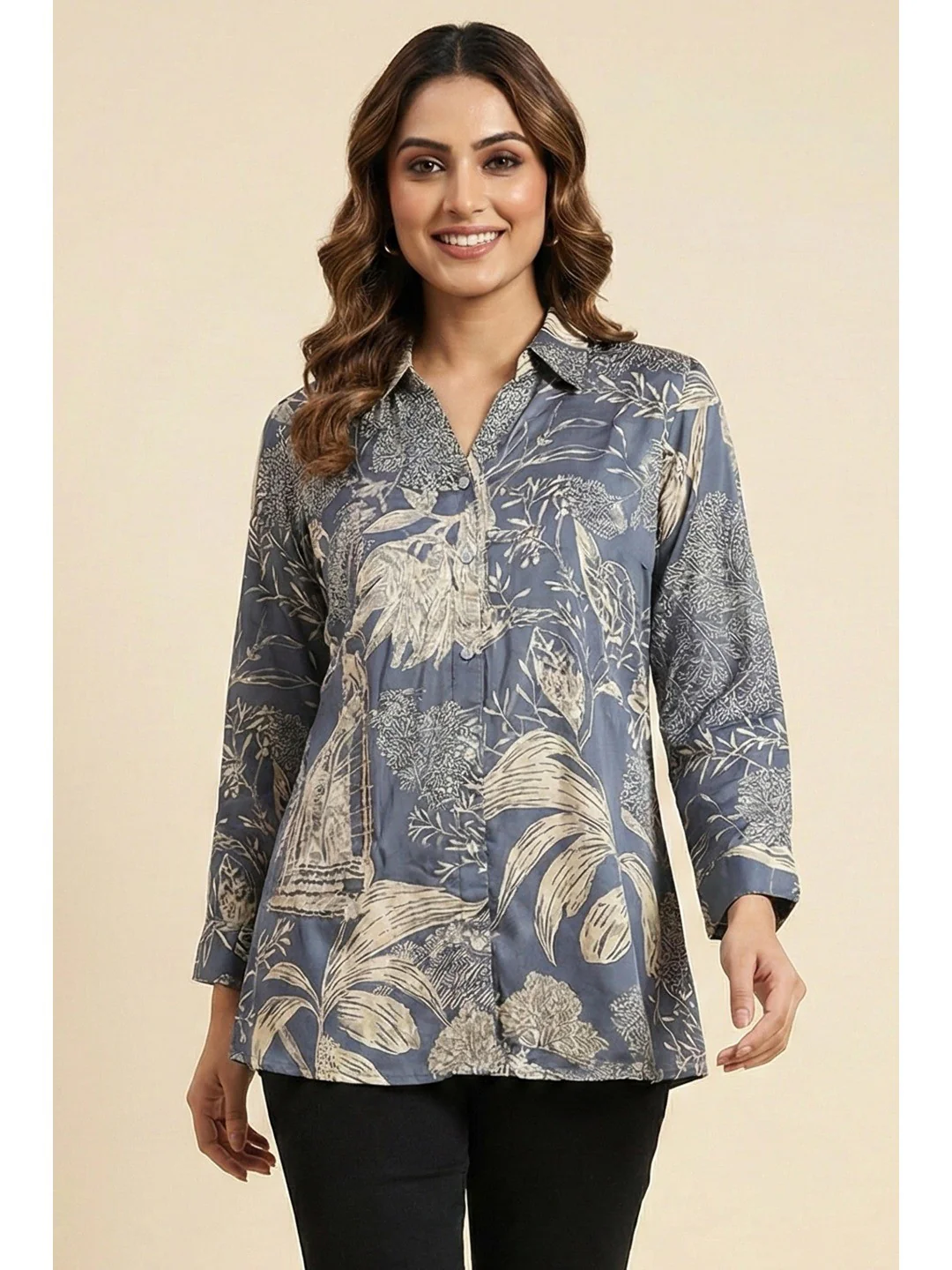 Blue Floral Print Soft Muslin Straight Silhouette Casual Top