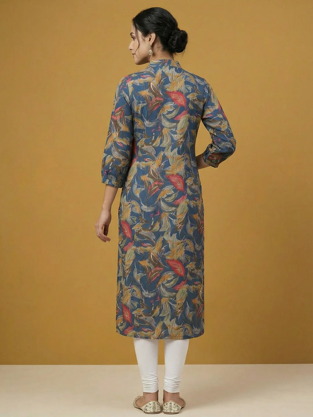 Blue Floral Print Viscose Kurti with Mandarin Collar and Detailed Floral Pattern - Image 3