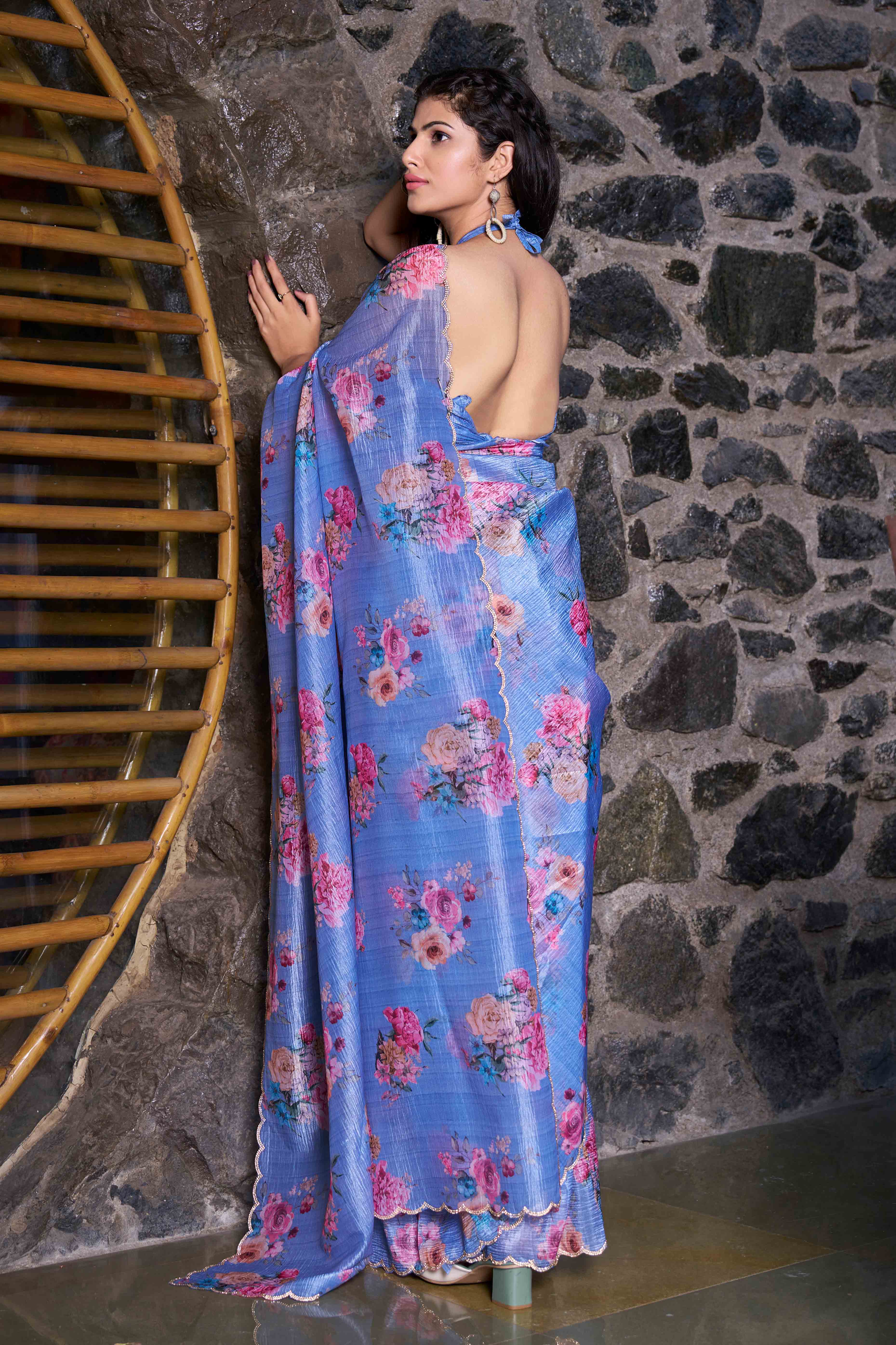 Blue Floral Printed Art Silk Saree - Image 4