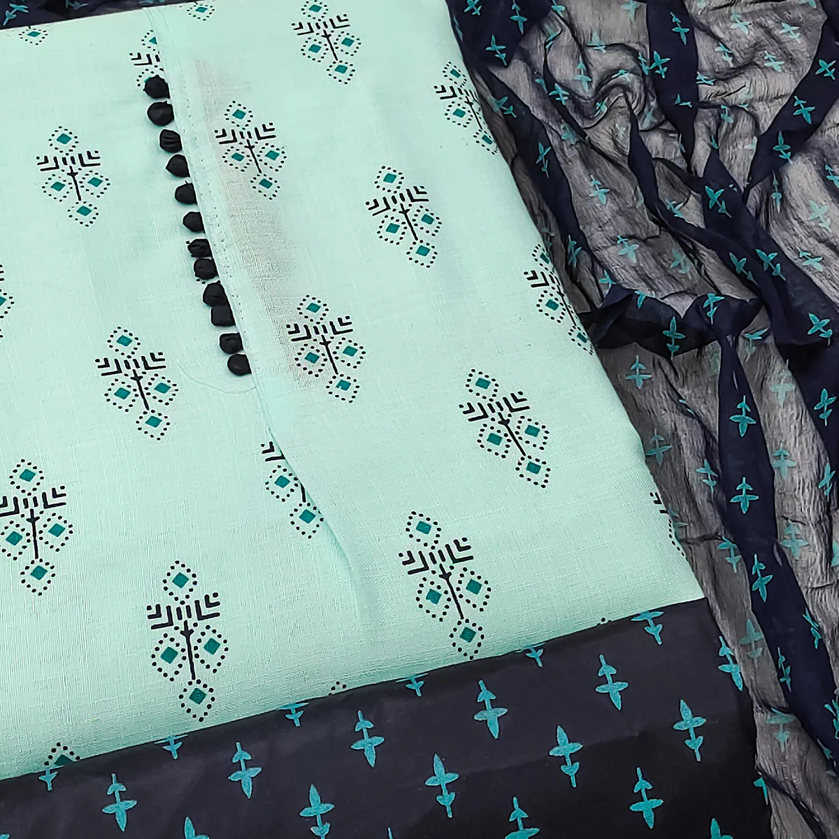 Blue Floral Printed Cotton Blend Dress Material - Image 2